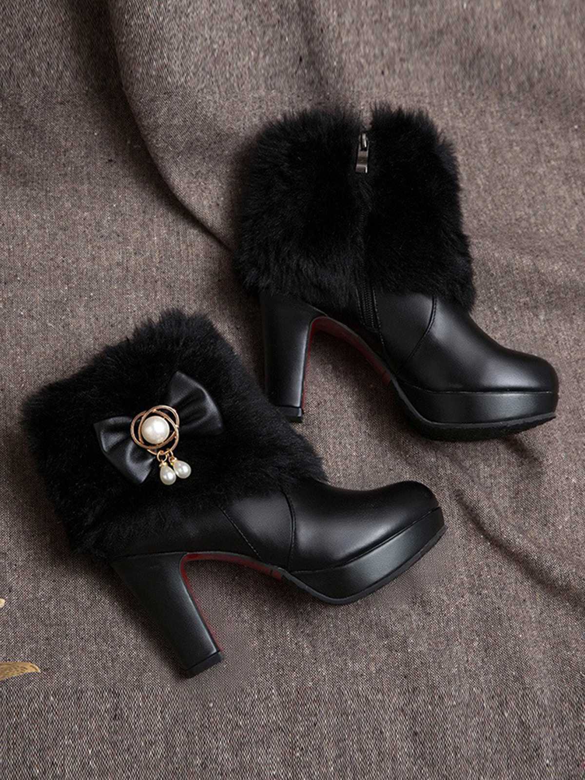 Fur Bow Pointed High Heels Boots - Image 7