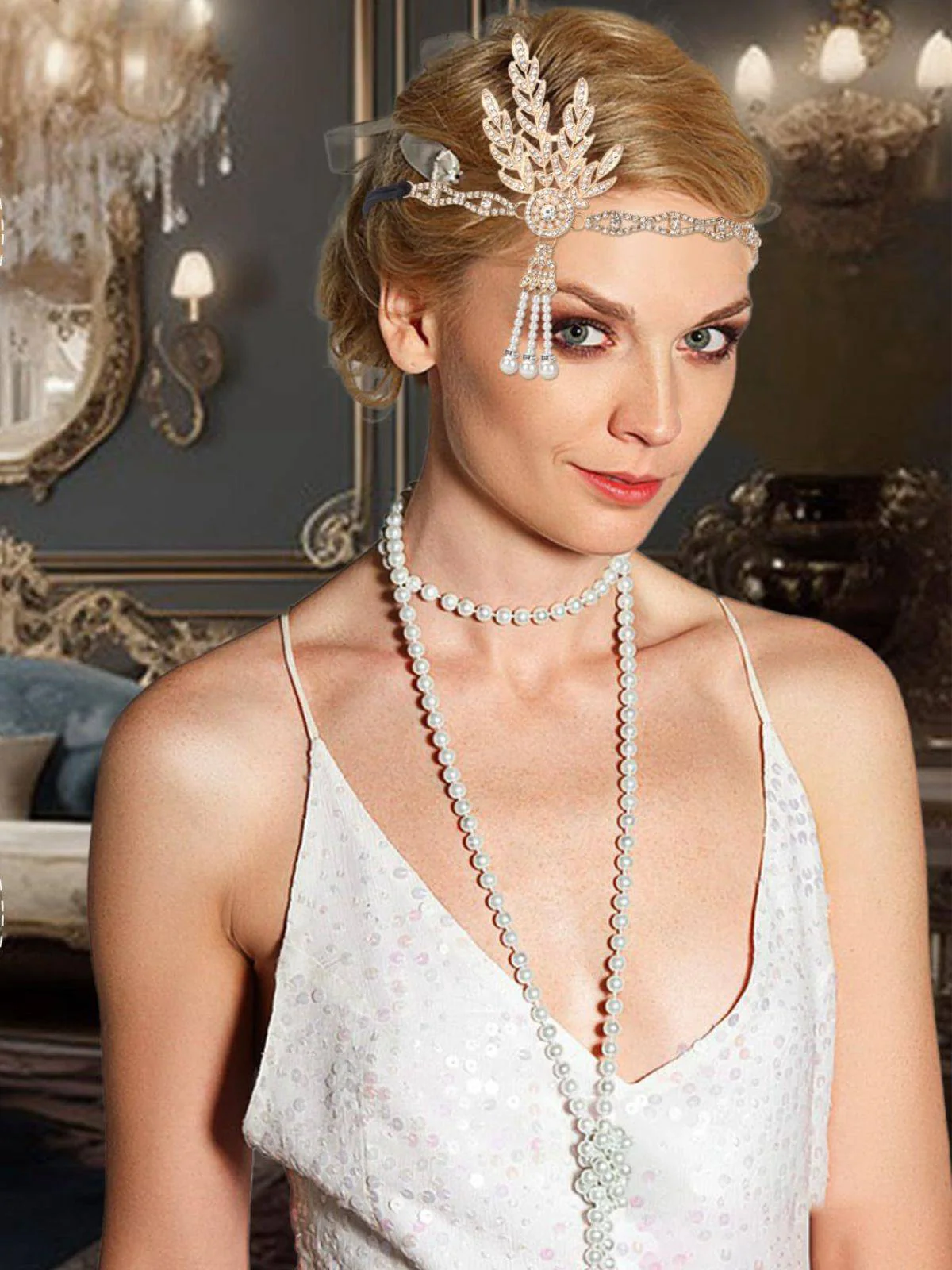 Gatsby Feather Alloy Headband & Pearl Necklace Set - Image 2