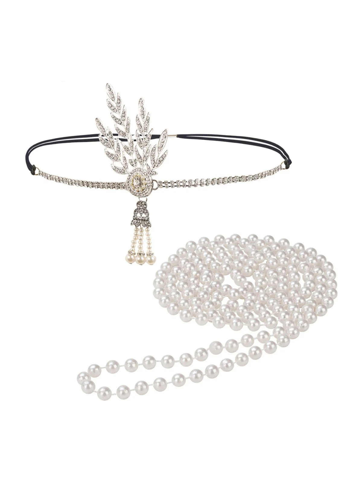 Gatsby Feather Alloy Headband & Pearl Necklace Set - Image 3