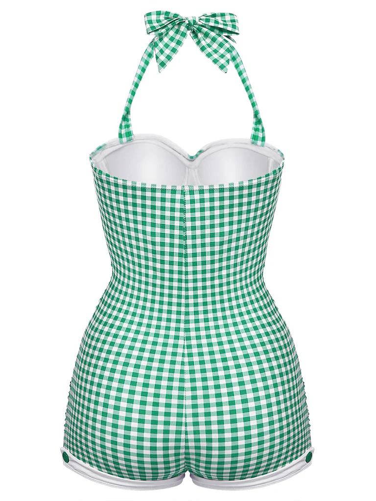 Gingham 1950s Halter Bowknot One-piece Swimsuit - Image 21