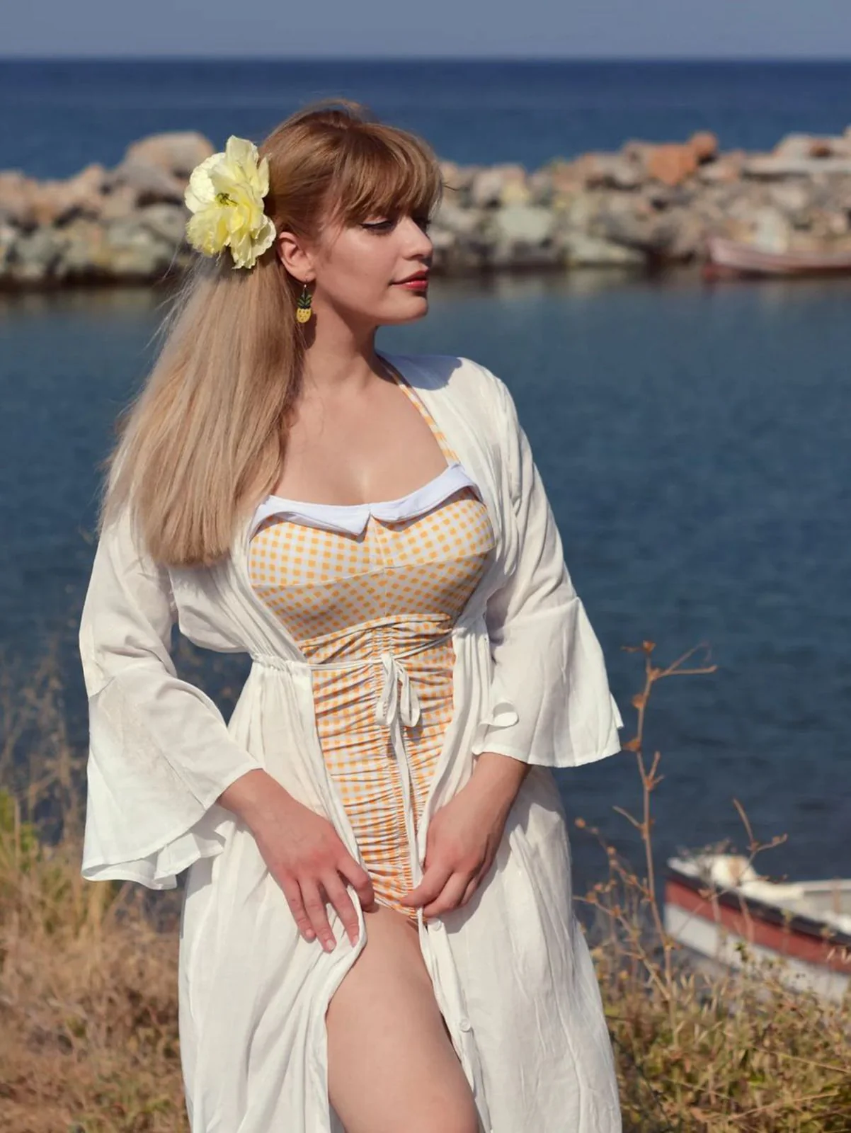 Gingham 1950s Halter Bowknot One-piece Swimsuit - Image 4