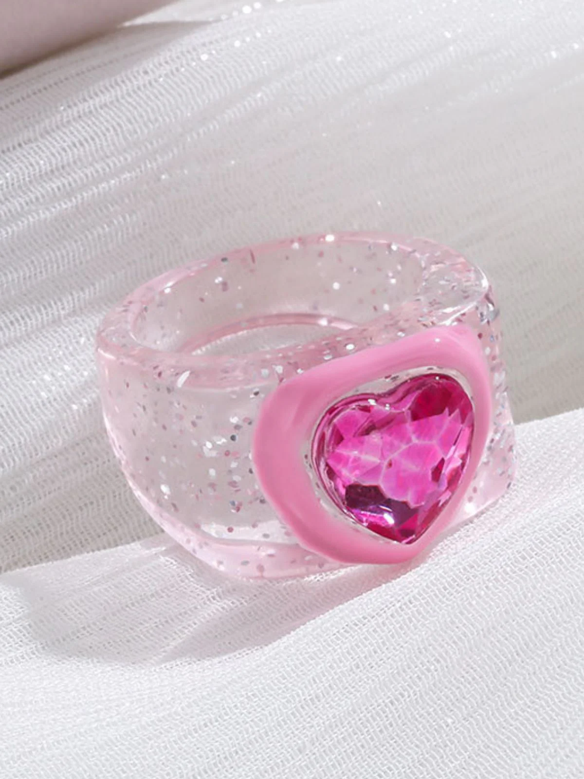 Glittery Pink Diamond Heart Ring - Image 3