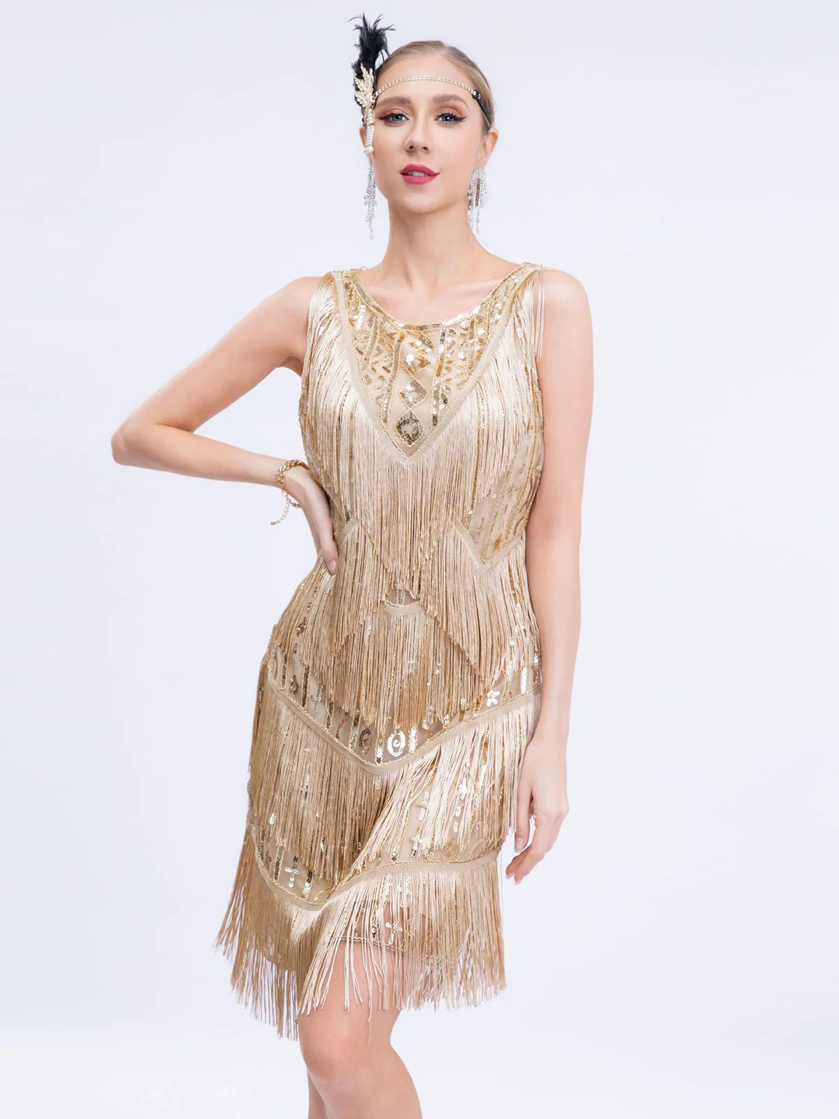 Gold 1920s Gatsby Sequins Tassel Patchwork Dress - Image 2