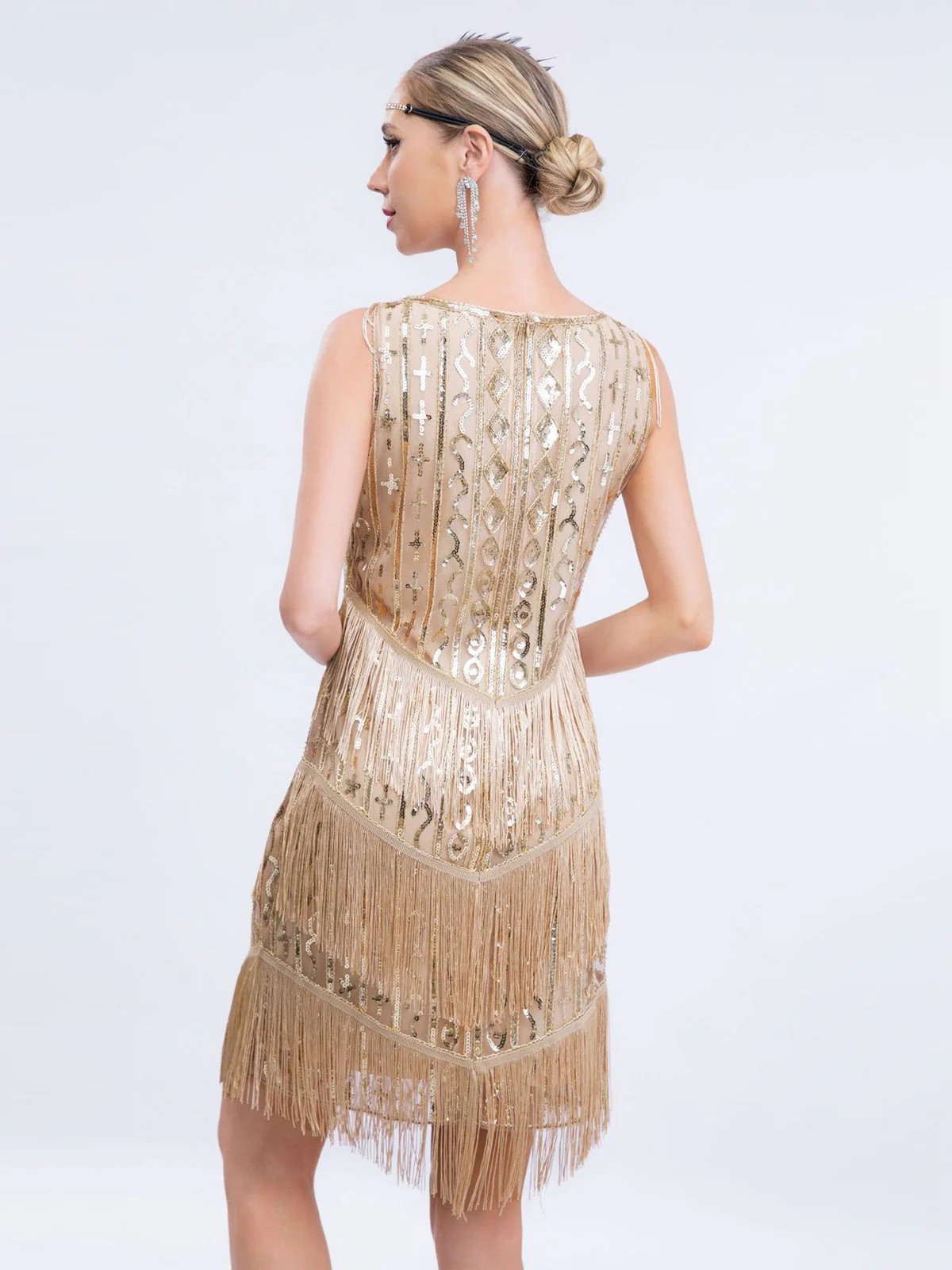 Gold 1920s Gatsby Sequins Tassel Patchwork Dress - Image 4