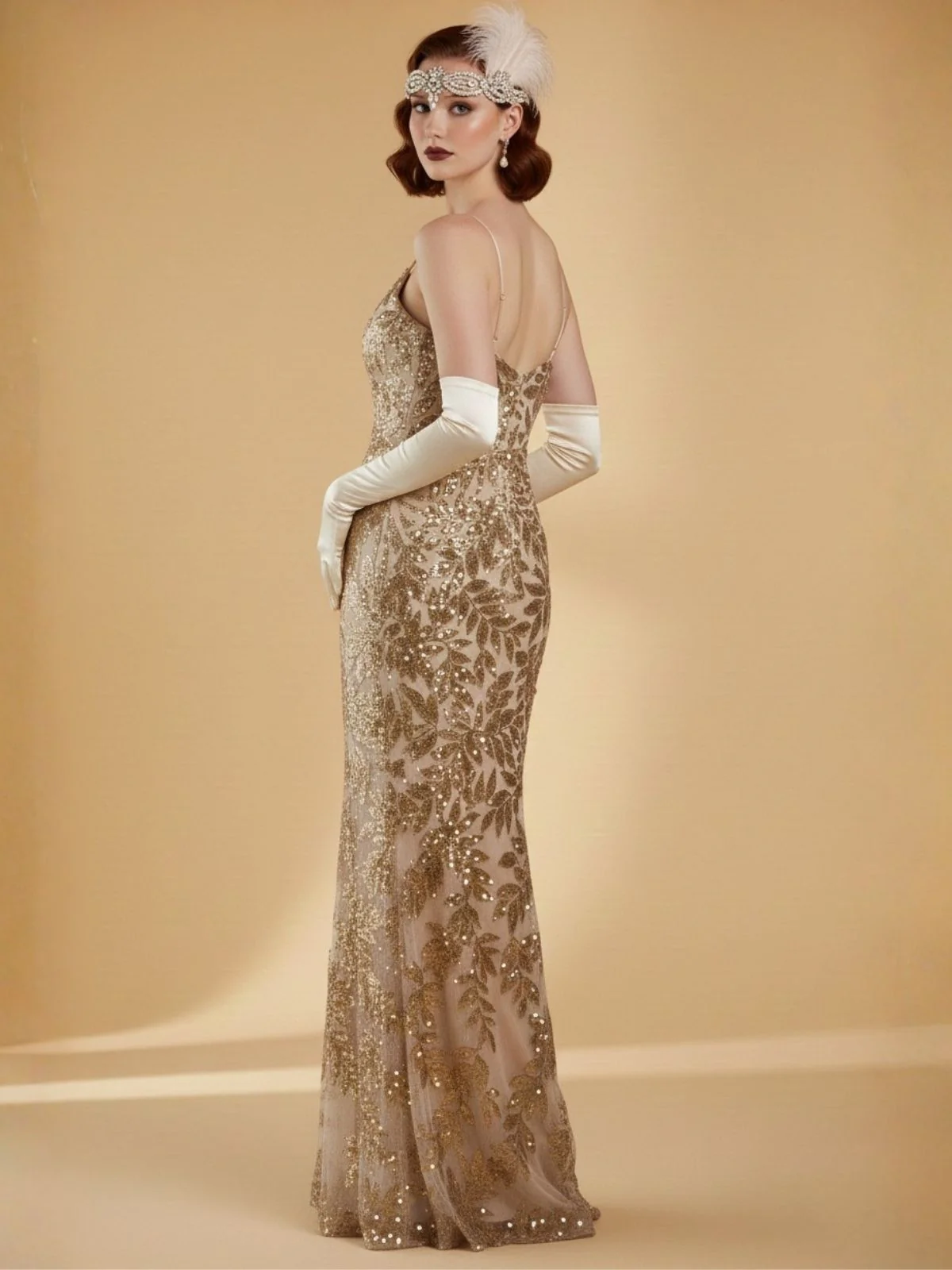 Gold 1920s Leaves Sequined Mesh Fishtail Dress - Image 2