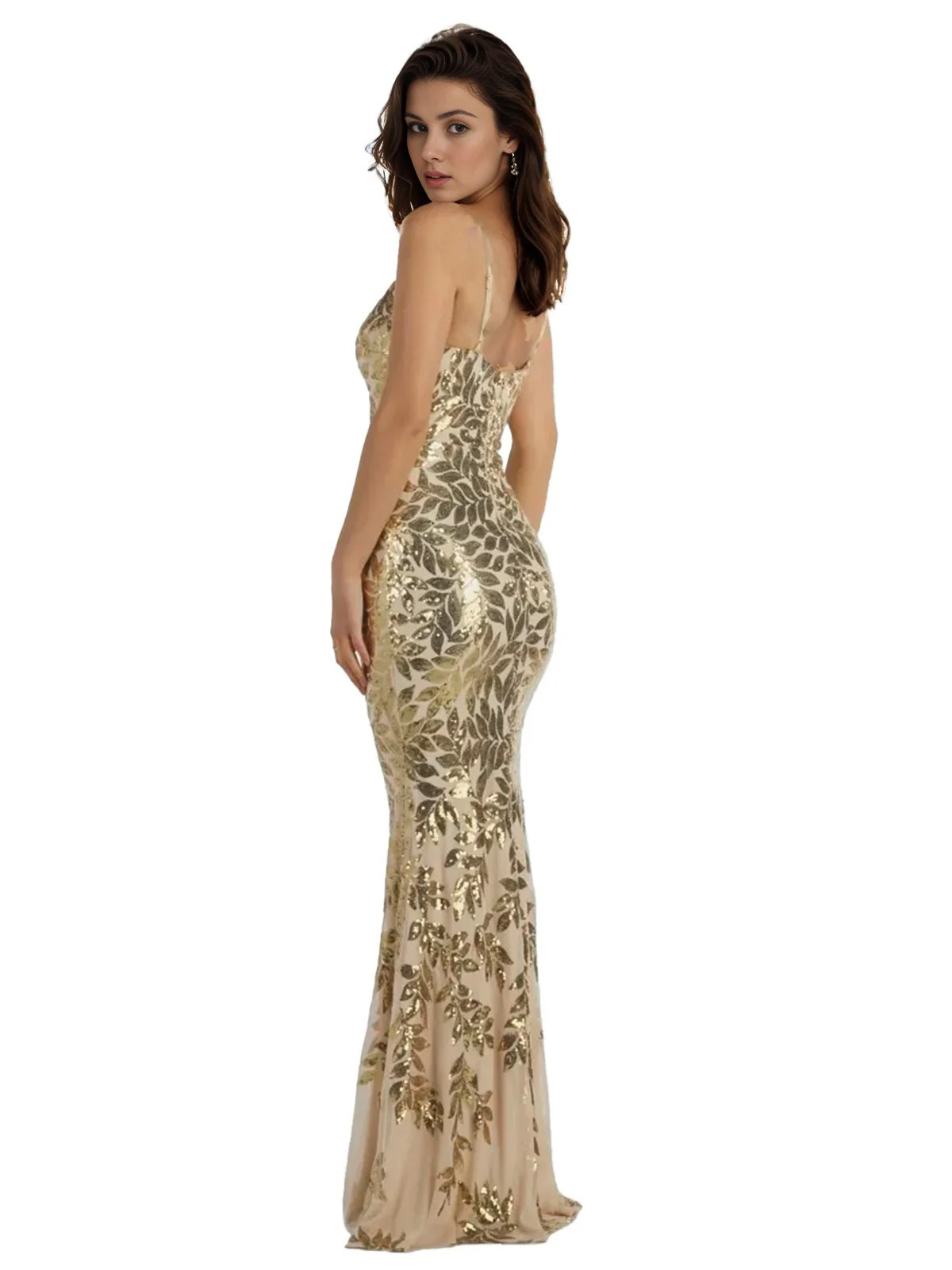 Gold 1920s Leaves Sequined Mesh Fishtail Dress - Image 4