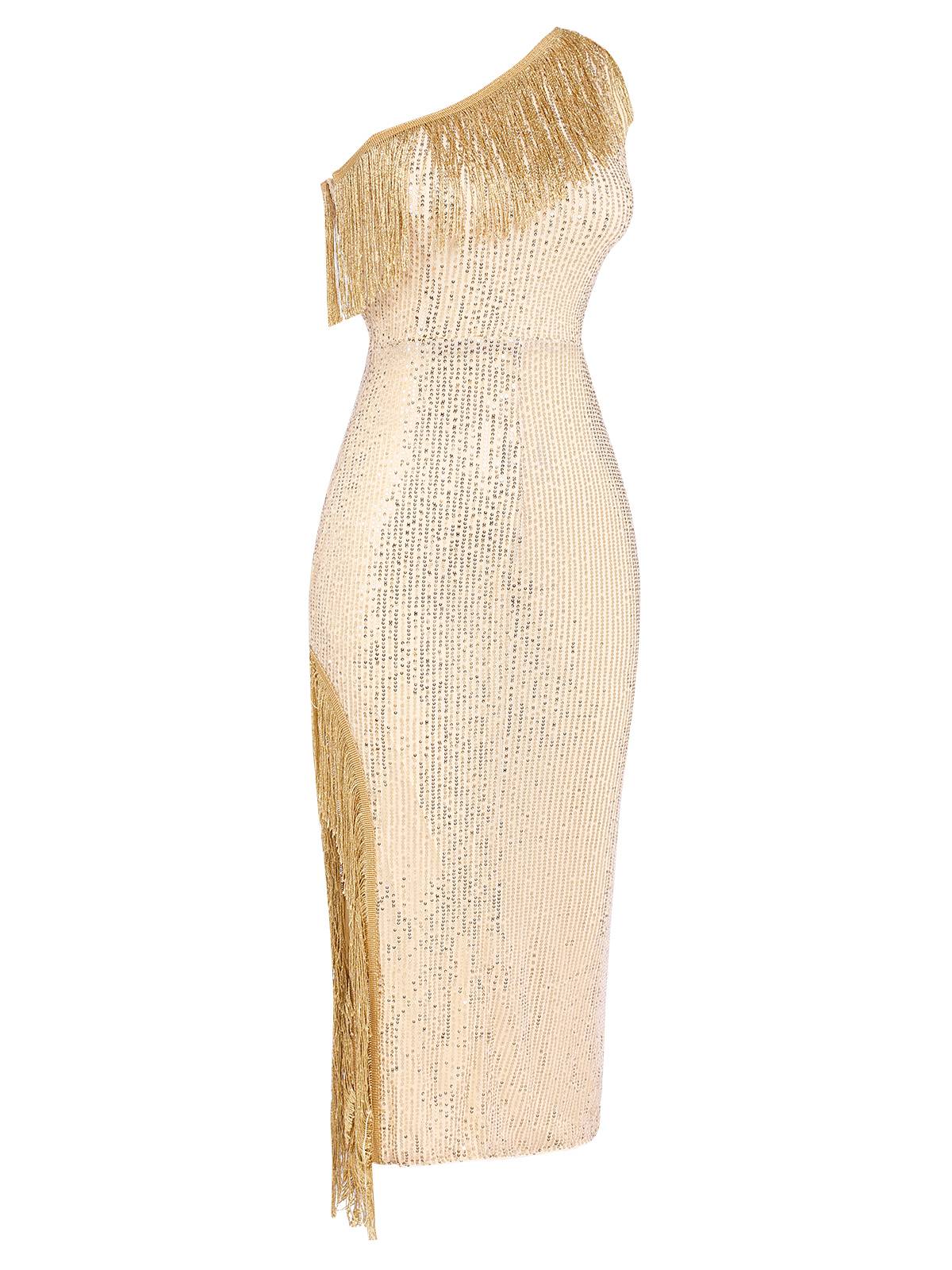 Gold 1920s One Shoulder Sequined Tassel Dress - Image 3