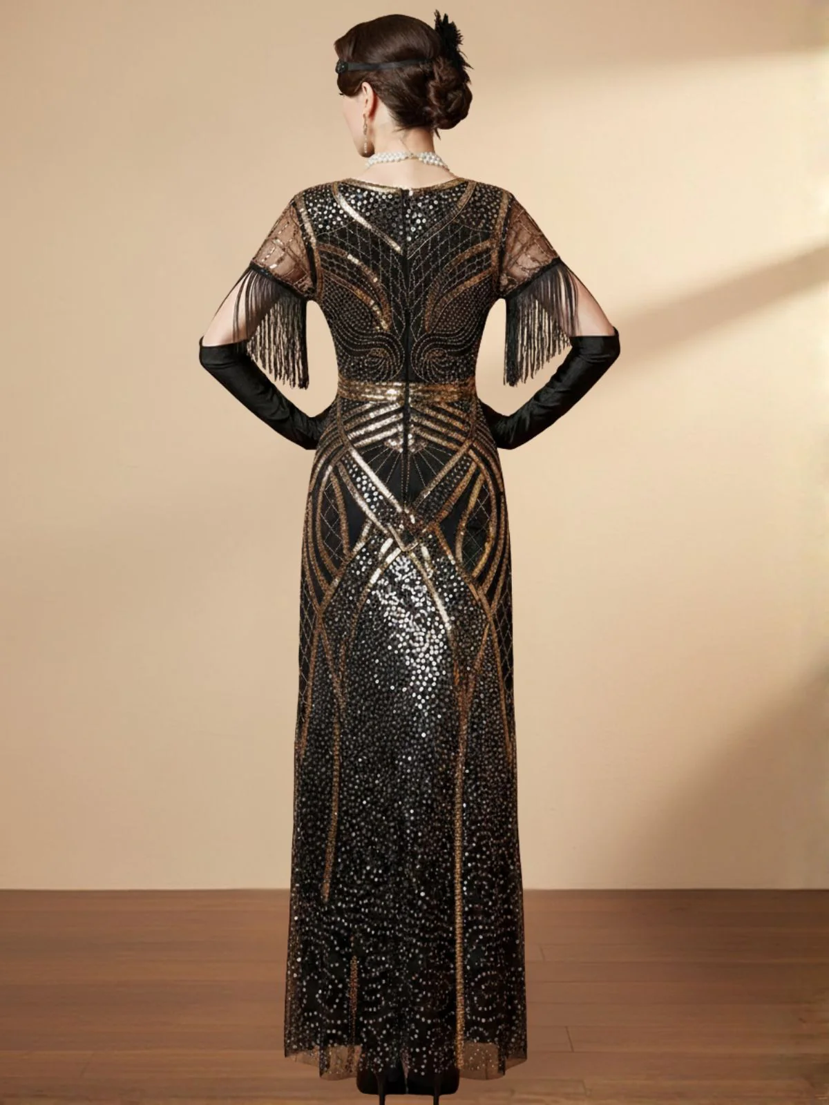 Gold 1920s Sequin Tassel V-Neck Maxi Dress - Image 2