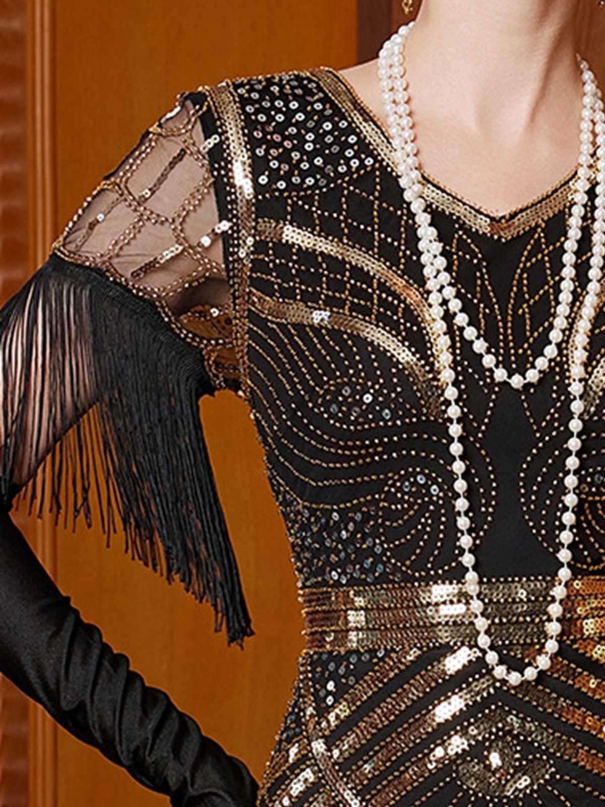 Gold 1920s Sequin Tassel V-Neck Maxi Dress - Image 3