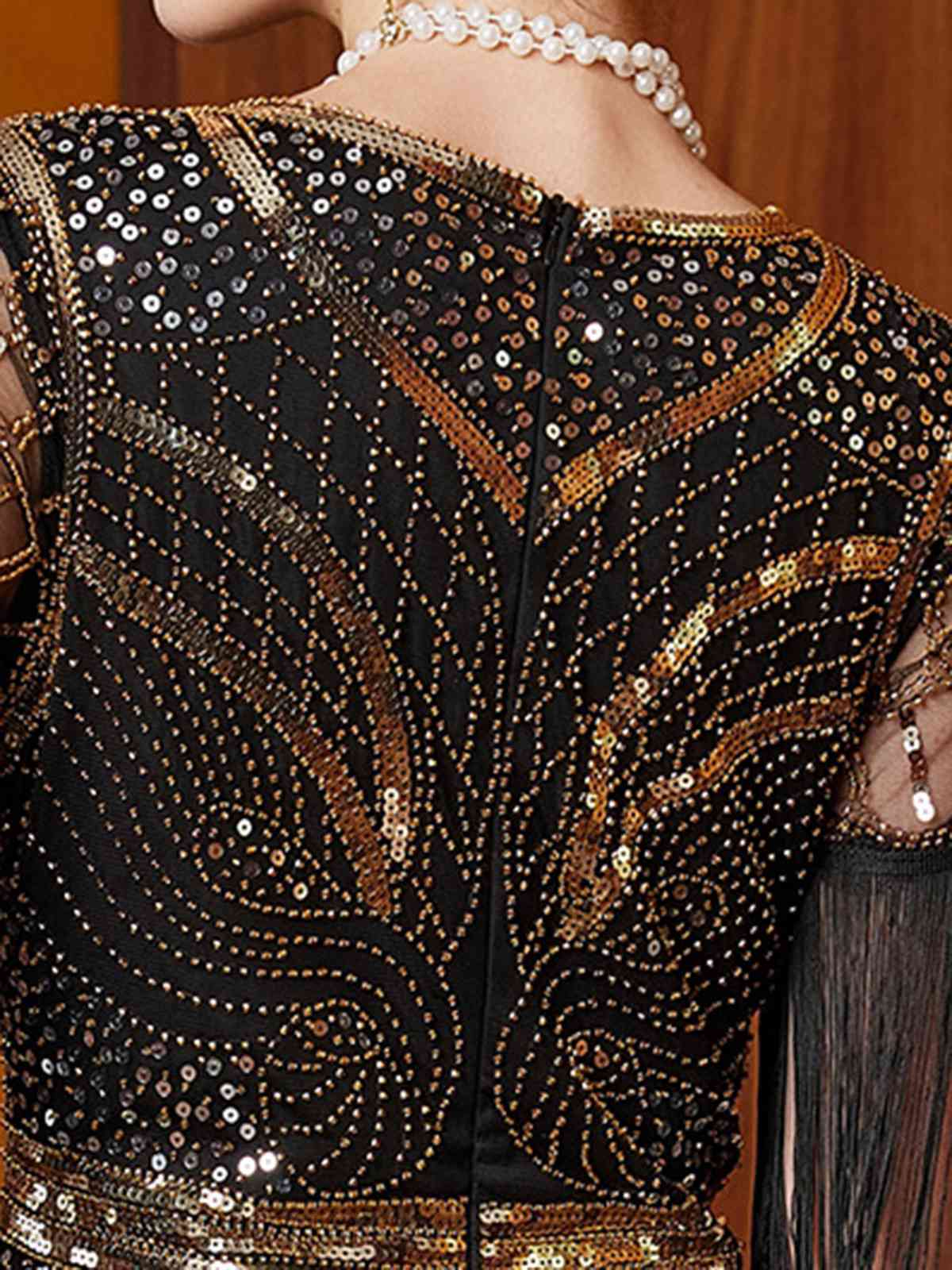 Gold 1920s Sequin Tassel V-Neck Maxi Dress - Image 4