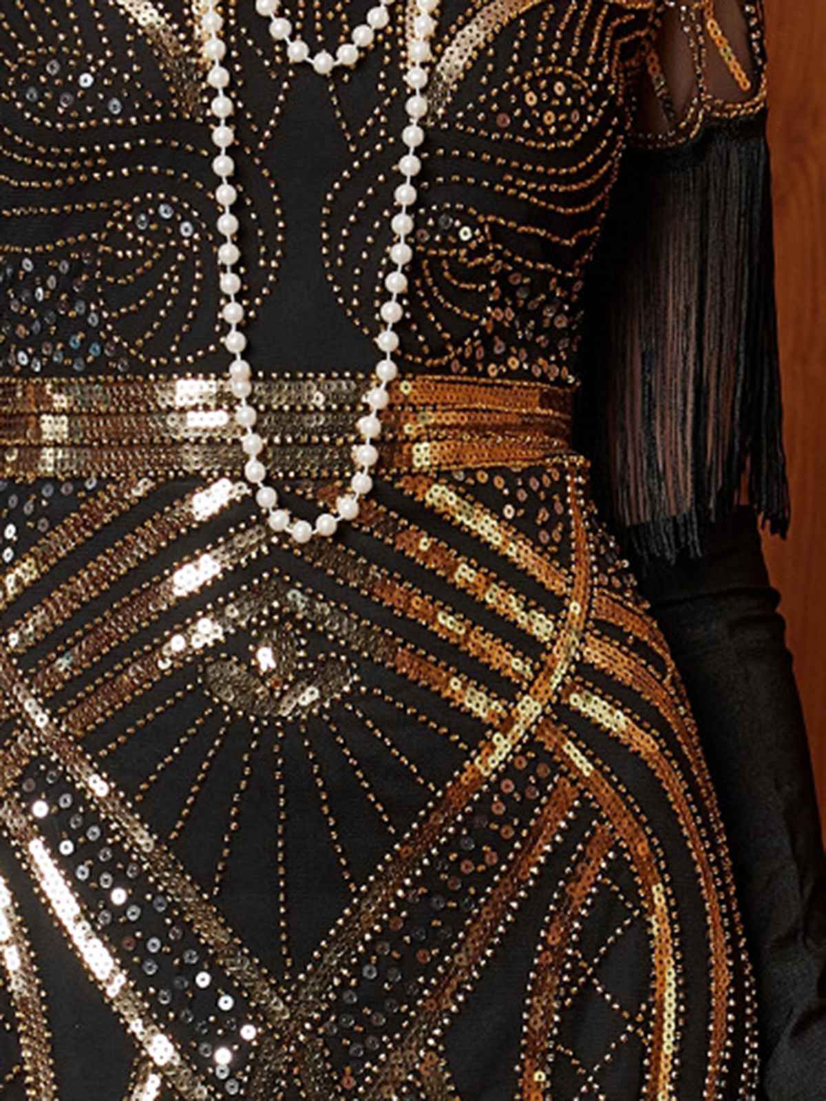 Gold 1920s Sequin Tassel V-Neck Maxi Dress - Image 5