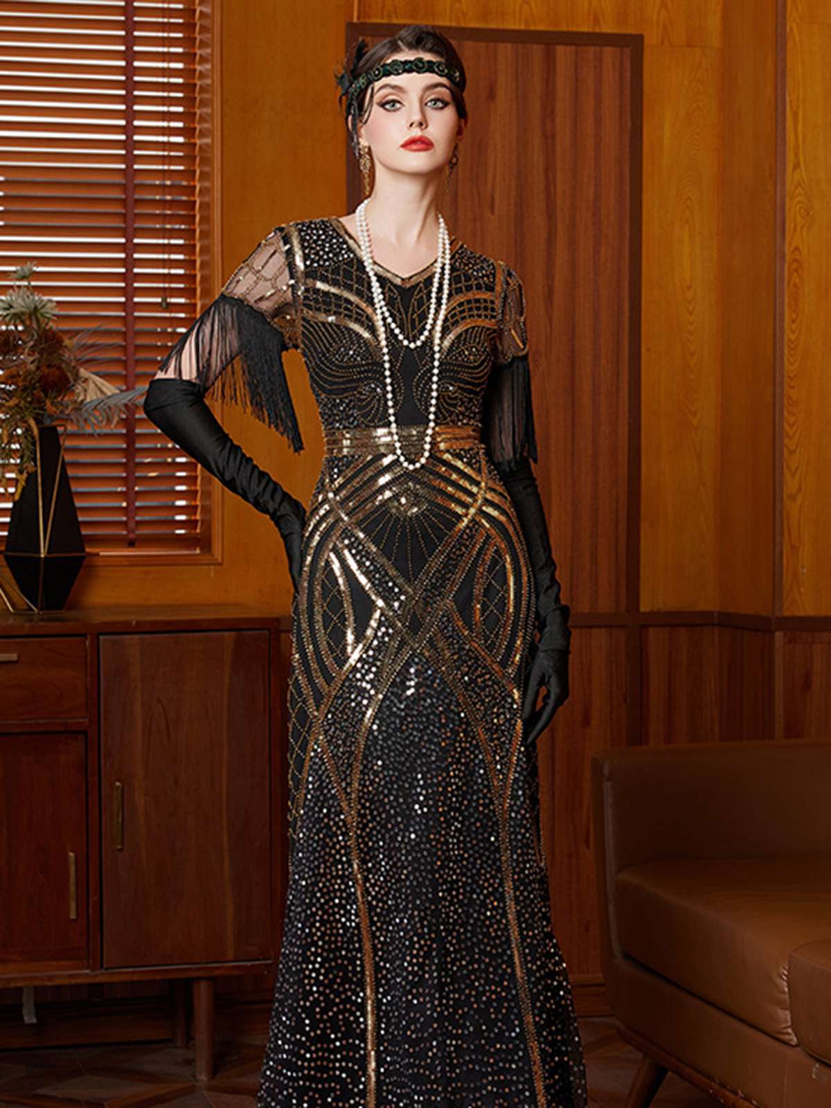 Gold 1920s Sequin Tassel V-Neck Maxi Dress - Image 2