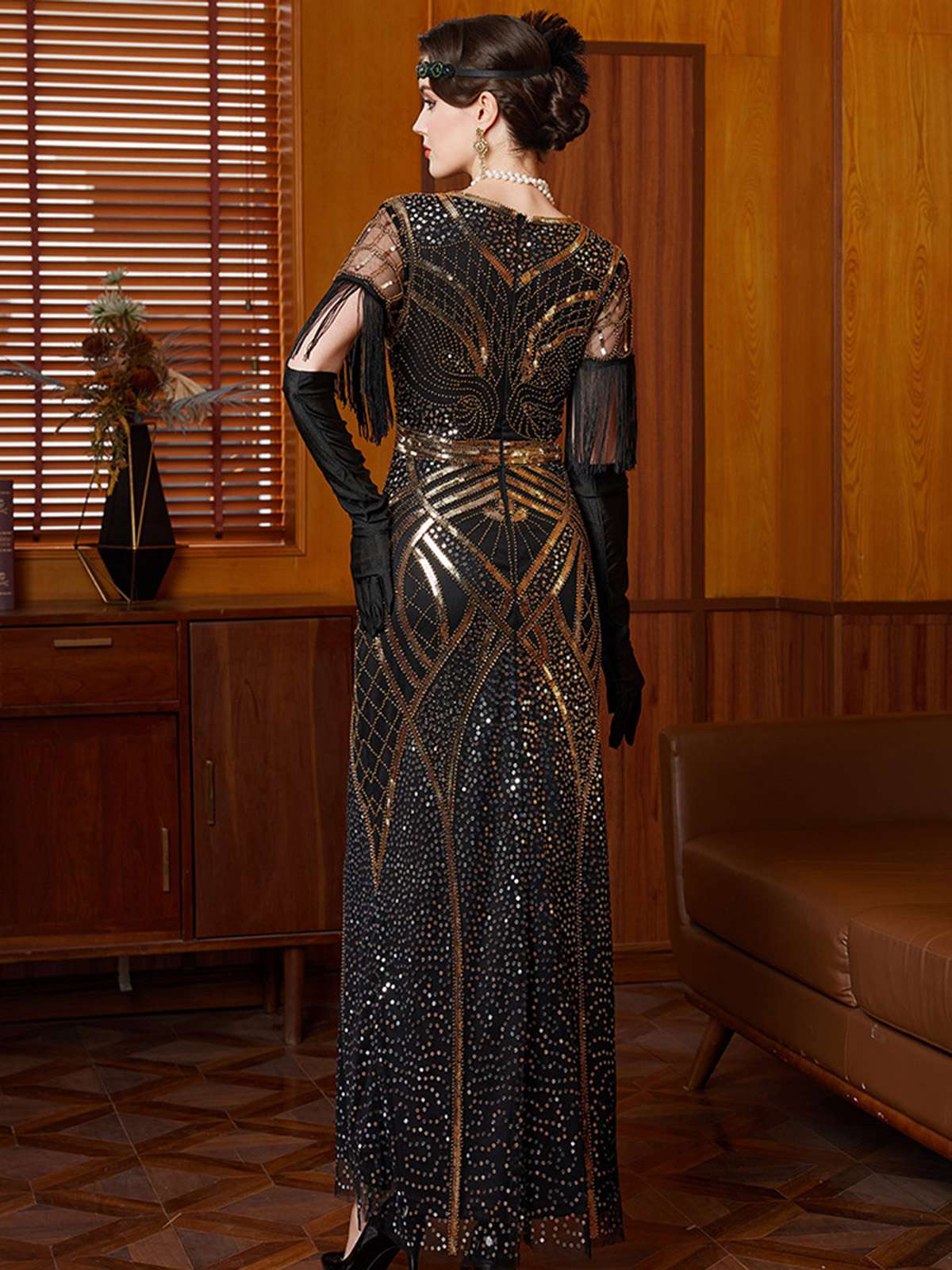Gold 1920s Sequin Tassel V-Neck Maxi Dress - Image 3