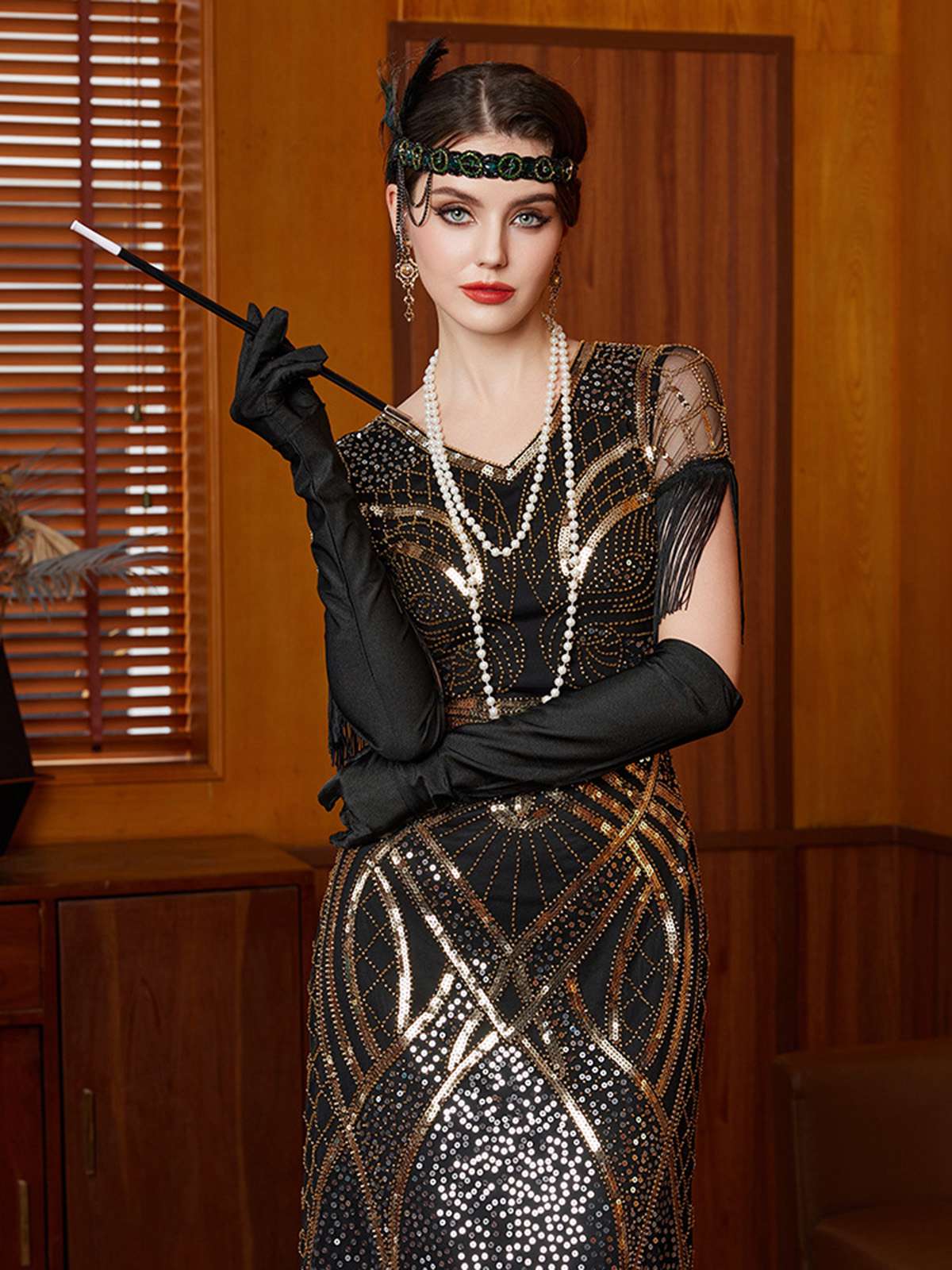 Gold 1920s Sequin Tassel V-Neck Maxi Dress - Image 4