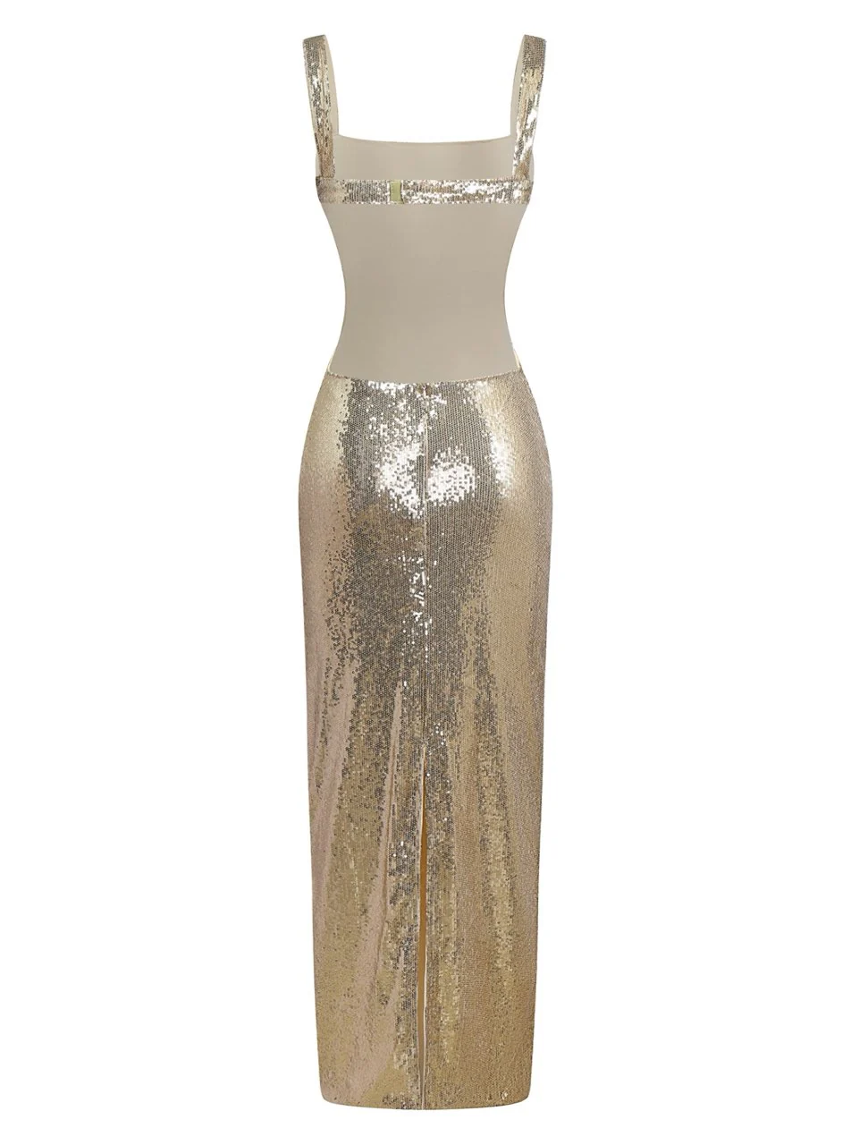 Gold 1920s Sequined Backless Evening Maxi Dress - Image 2