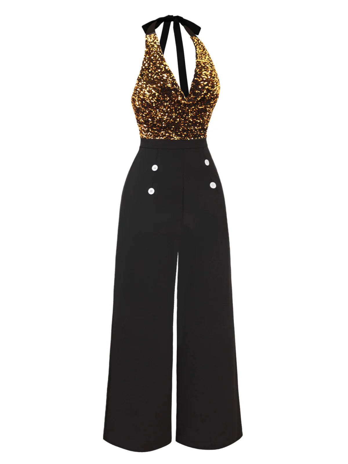Gold 1930s Halter Neck Sequined Jumpsuit - Image 3