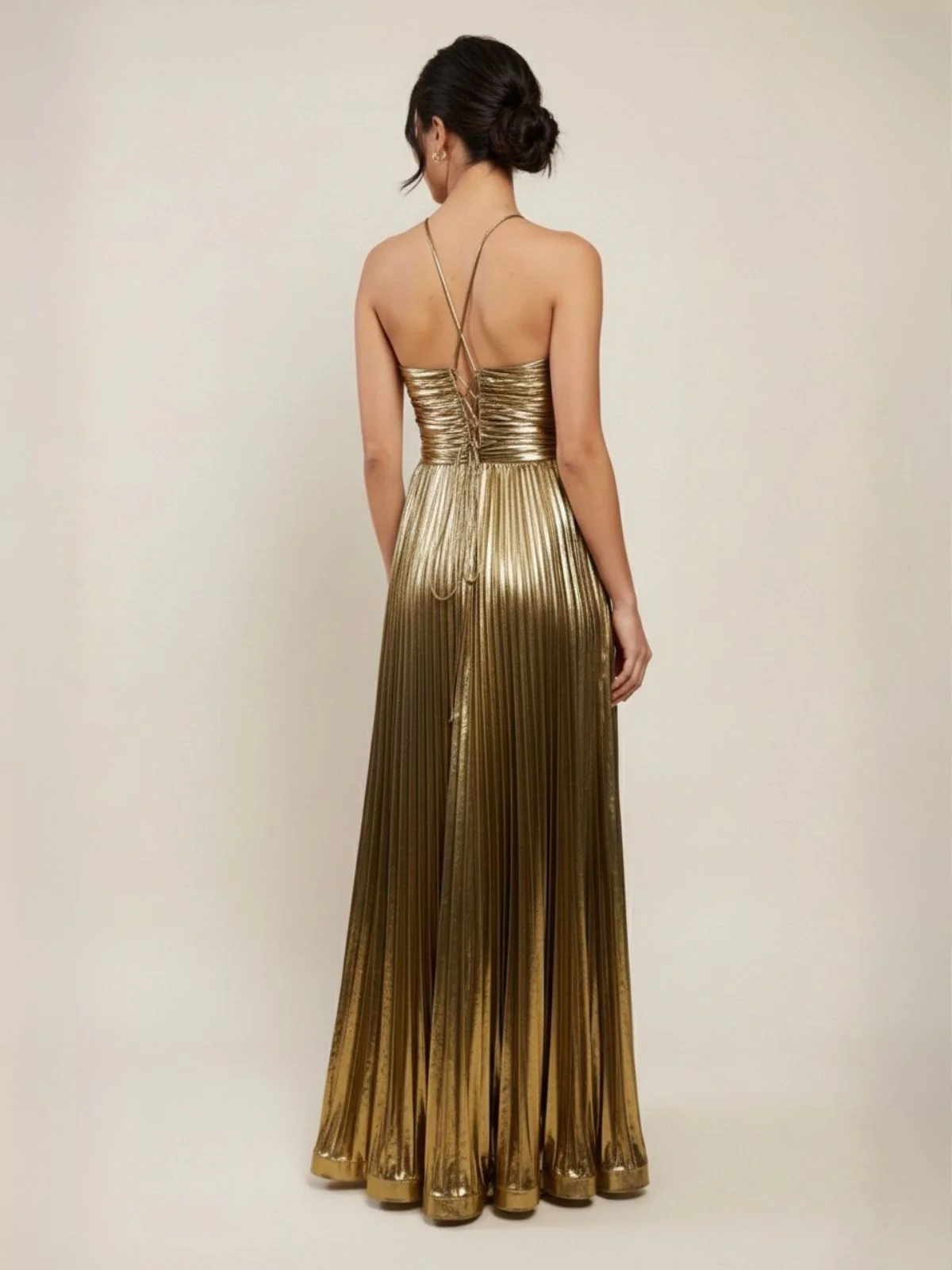 Gold 1930s Metallic Cross Halter Pleated Dress - Image 2