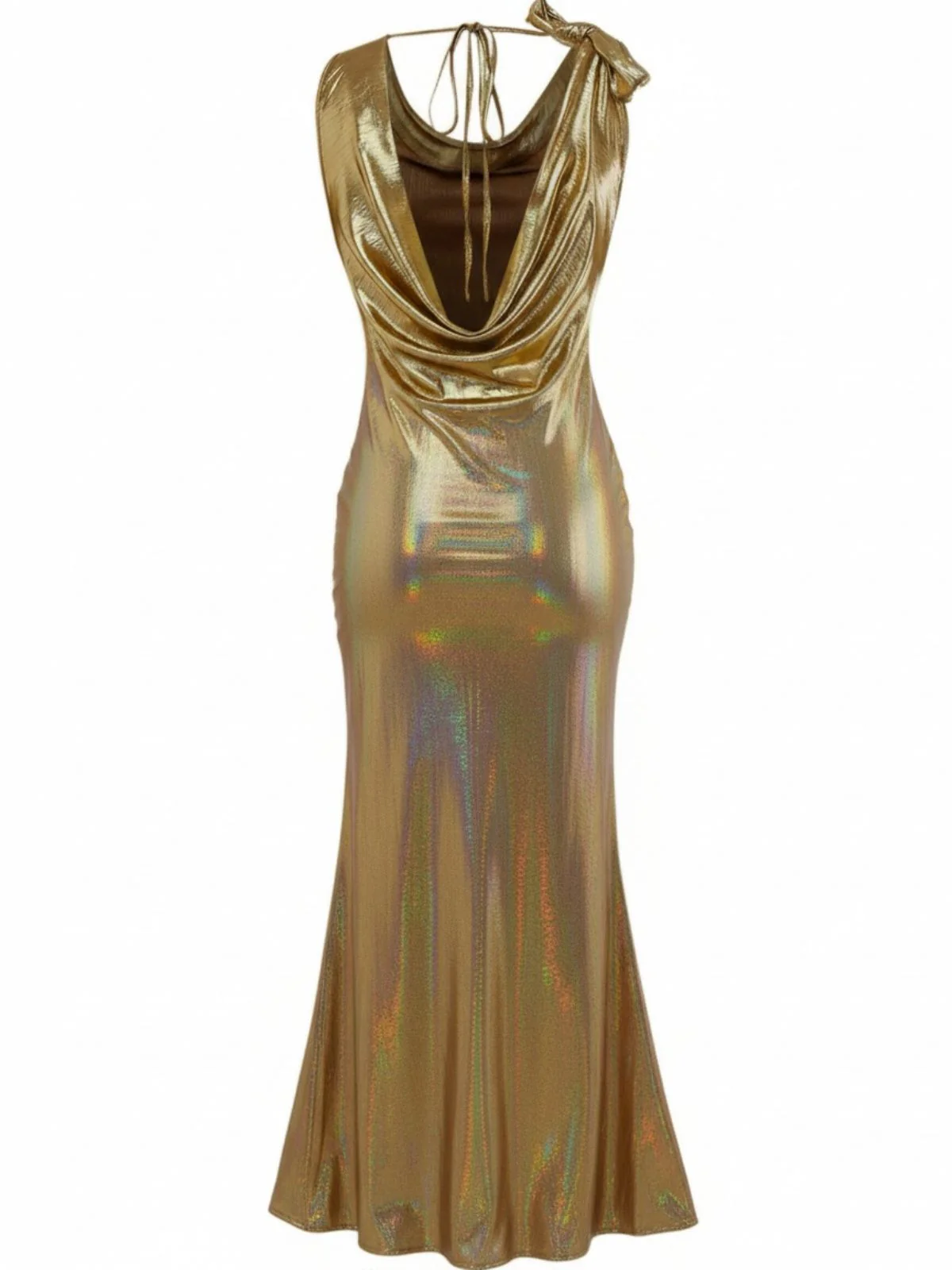 Gold 1930s Metallic Textured Bow Cowl Neck Dress - Image 2