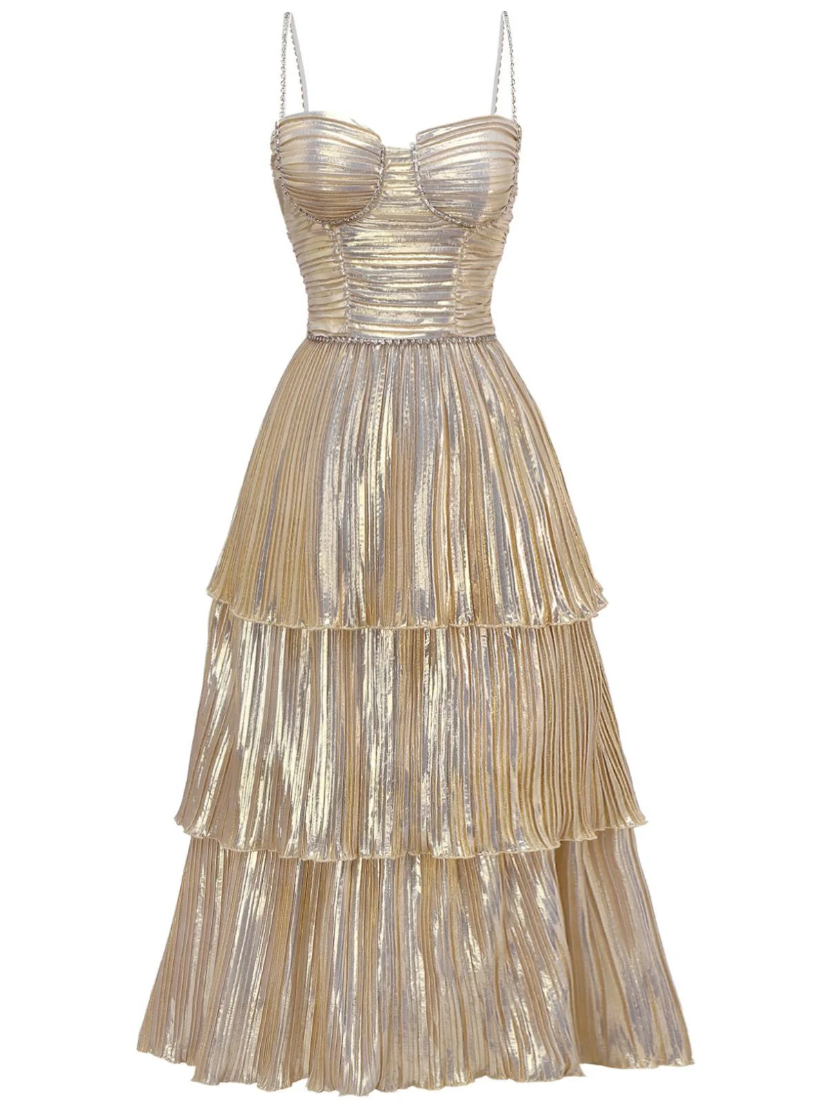 Gold 1930s Metallic Tiered Spaghetti Strap Dress - Image 2