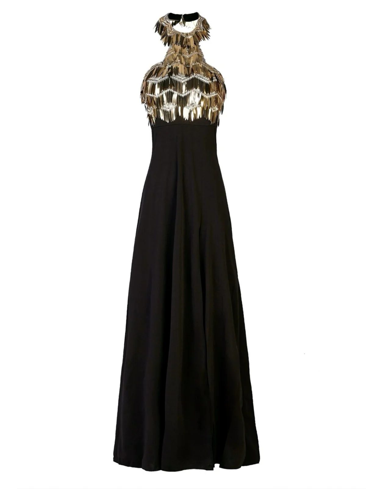 Gold 1930s Sequined Patchwork Halter Backless Evening Dress - Image 3