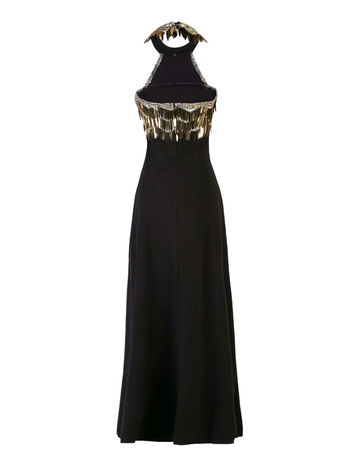 Gold 1930s Sequined Patchwork Halter Backless Evening Dress - Image 4