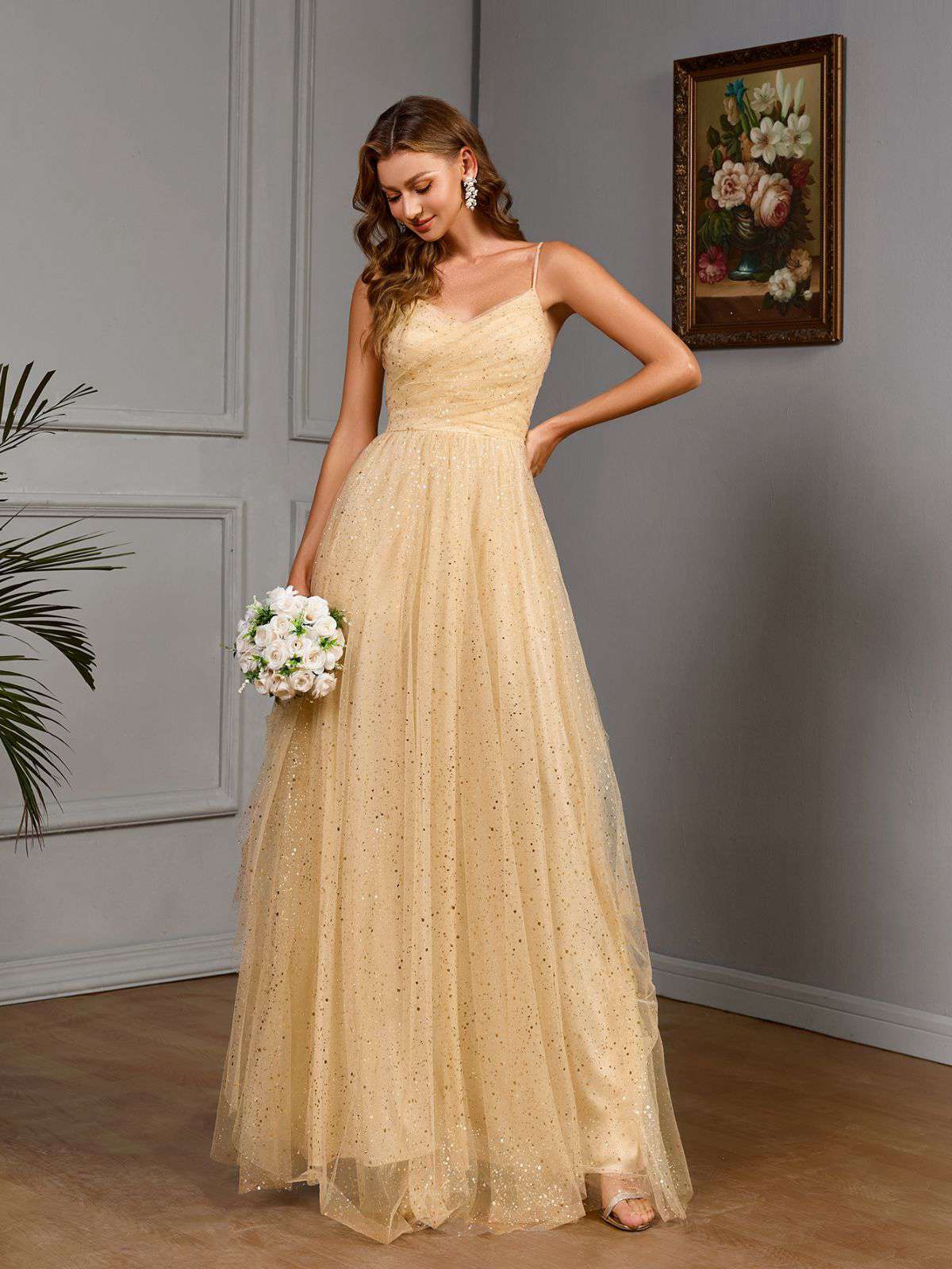 Gold 1930s Sequined V-Neck Mesh Spaghetti Strap Dress - Image 2