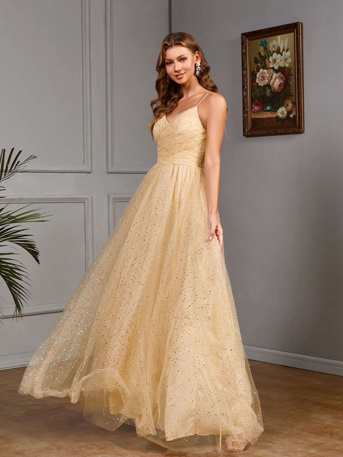 Gold 1930s Sequined V-Neck Mesh Spaghetti Strap Dress - Image 3