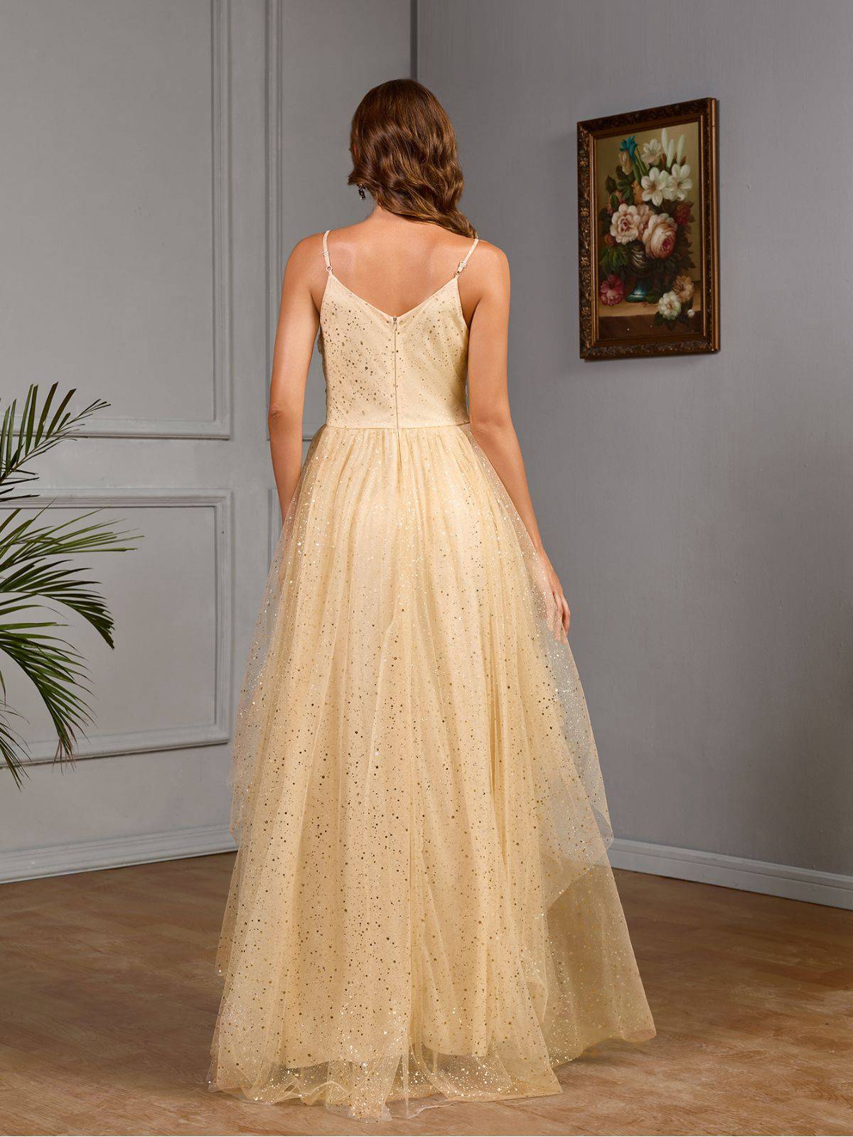 Gold 1930s Sequined V-Neck Mesh Spaghetti Strap Dress - Image 4