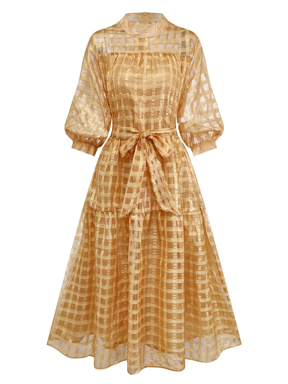 Gold 1940s Sheer Grid Puff-Sleeve Belted Midi Party Dress - Image 2