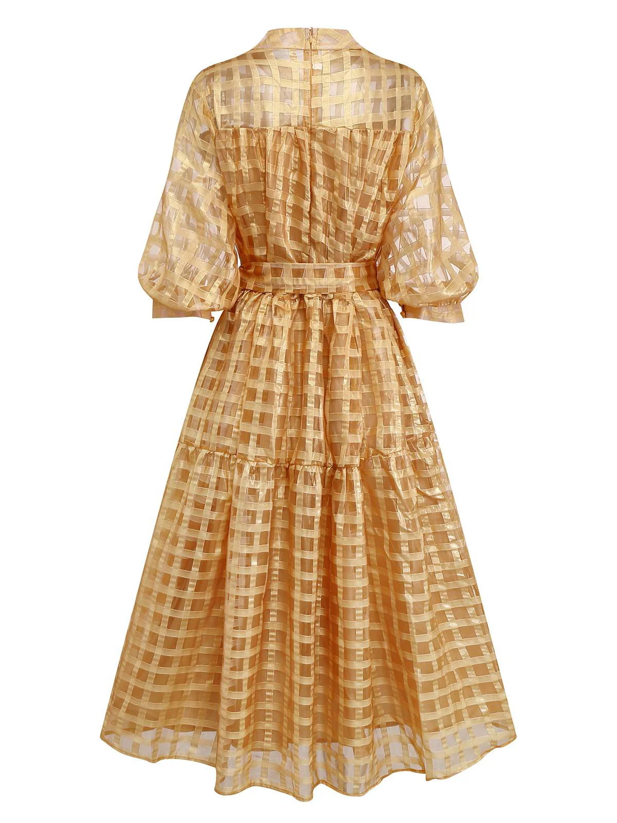 Gold 1940s Sheer Grid Puff-Sleeve Belted Midi Party Dress - Image 3