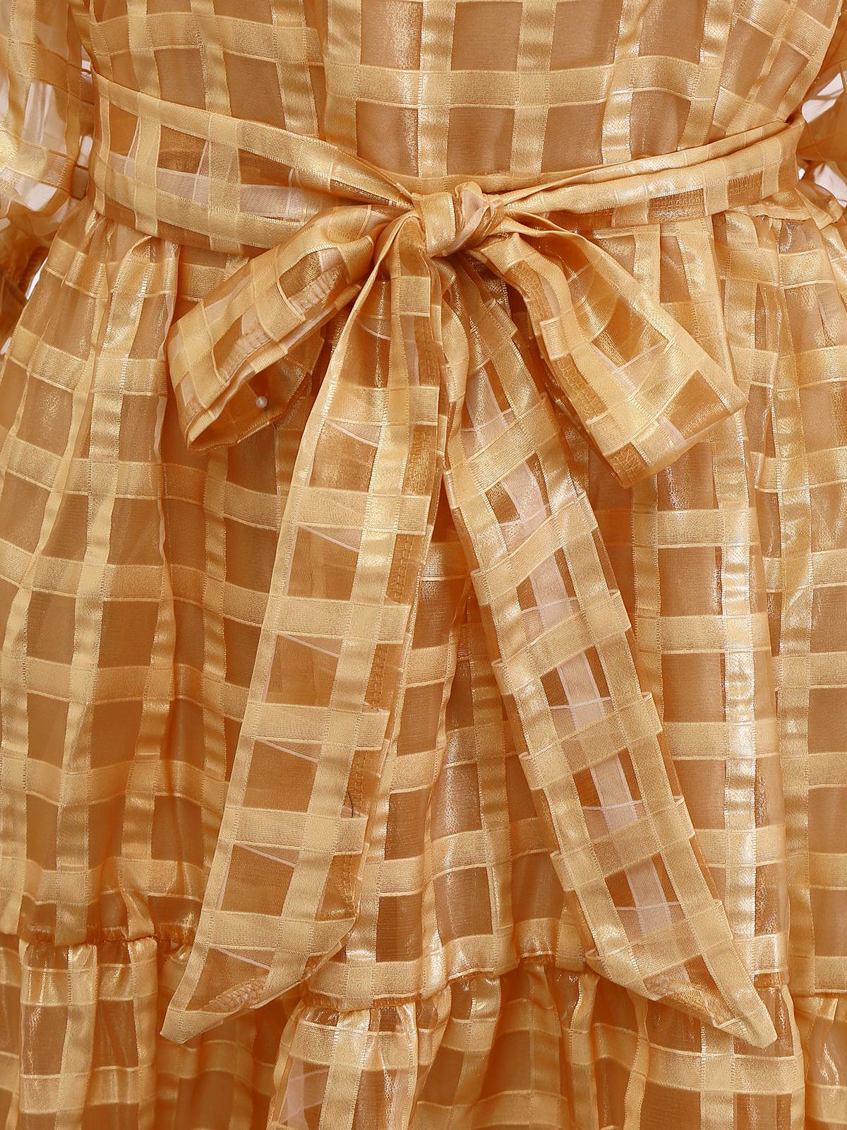 Gold 1940s Sheer Grid Puff-Sleeve Belted Midi Party Dress - Image 4