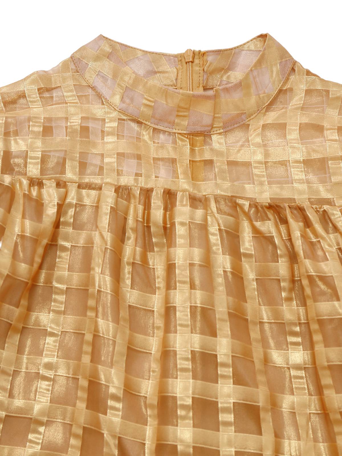 Gold 1940s Sheer Grid Puff-Sleeve Belted Midi Party Dress - Image 5