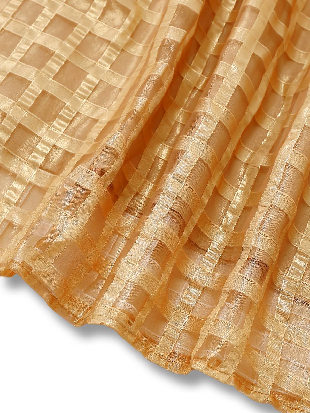Gold 1940s Sheer Grid Puff-Sleeve Belted Midi Party Dress - Image 7