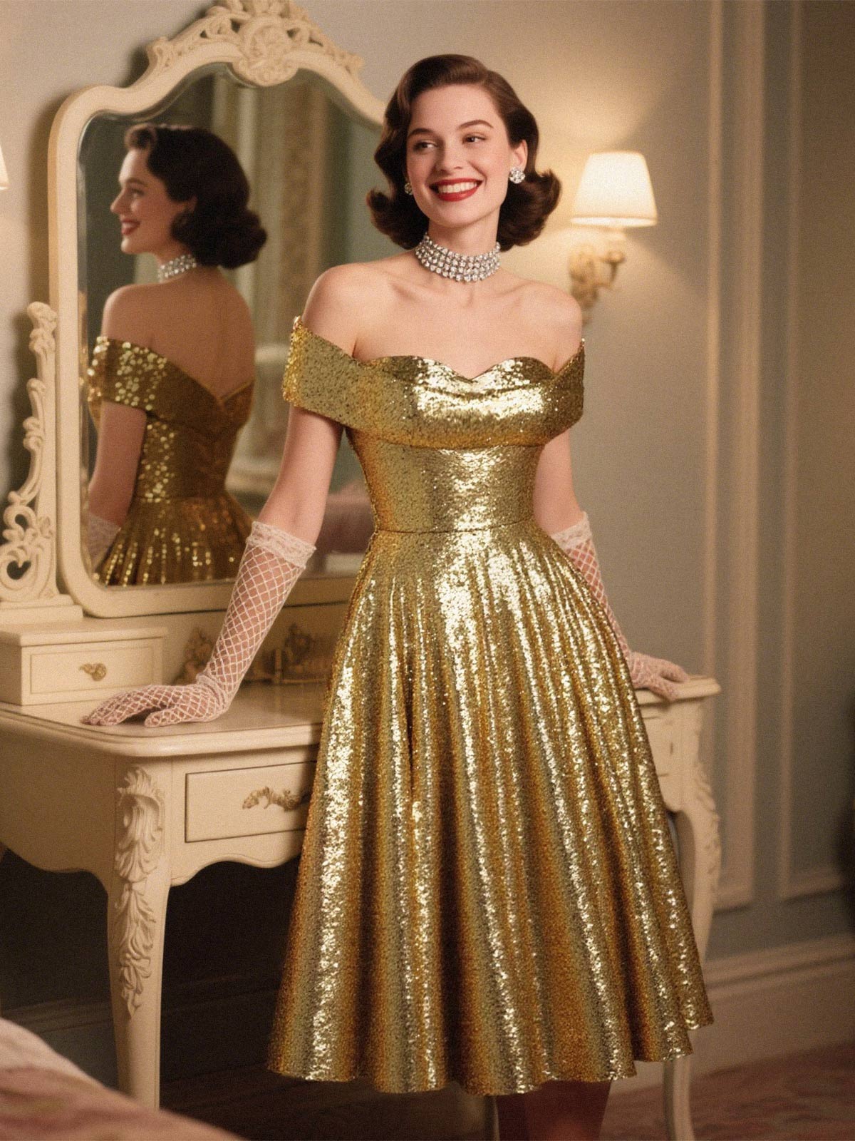Gold 1950s Off-Shoulder Sequined Swing Dress - Image 2