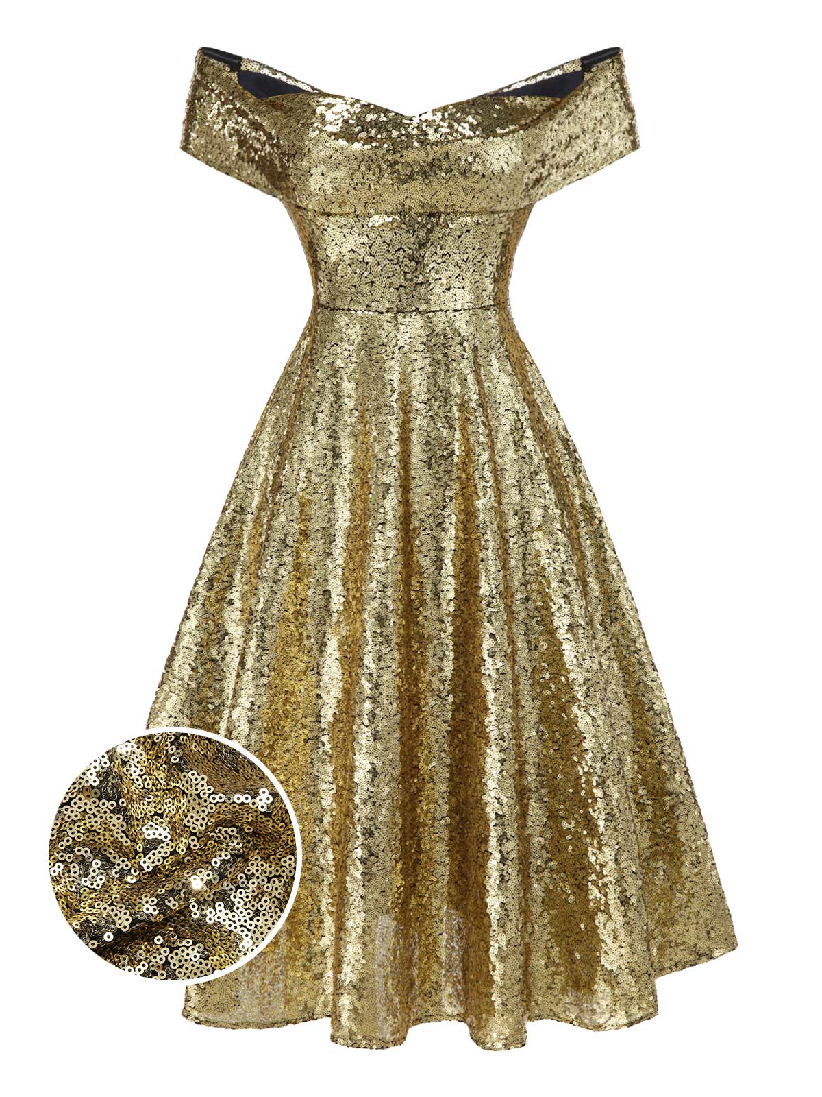 Gold 1950s Off-Shoulder Sequined Swing Dress - Image 3