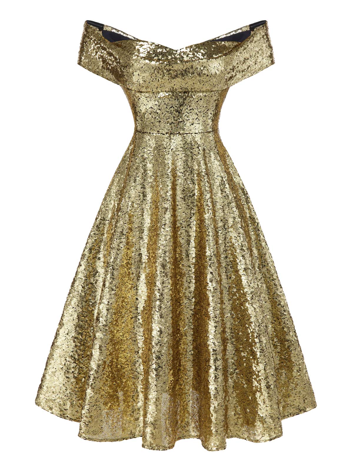 Gold 1950s Off-Shoulder Sequined Swing Dress - Image 4