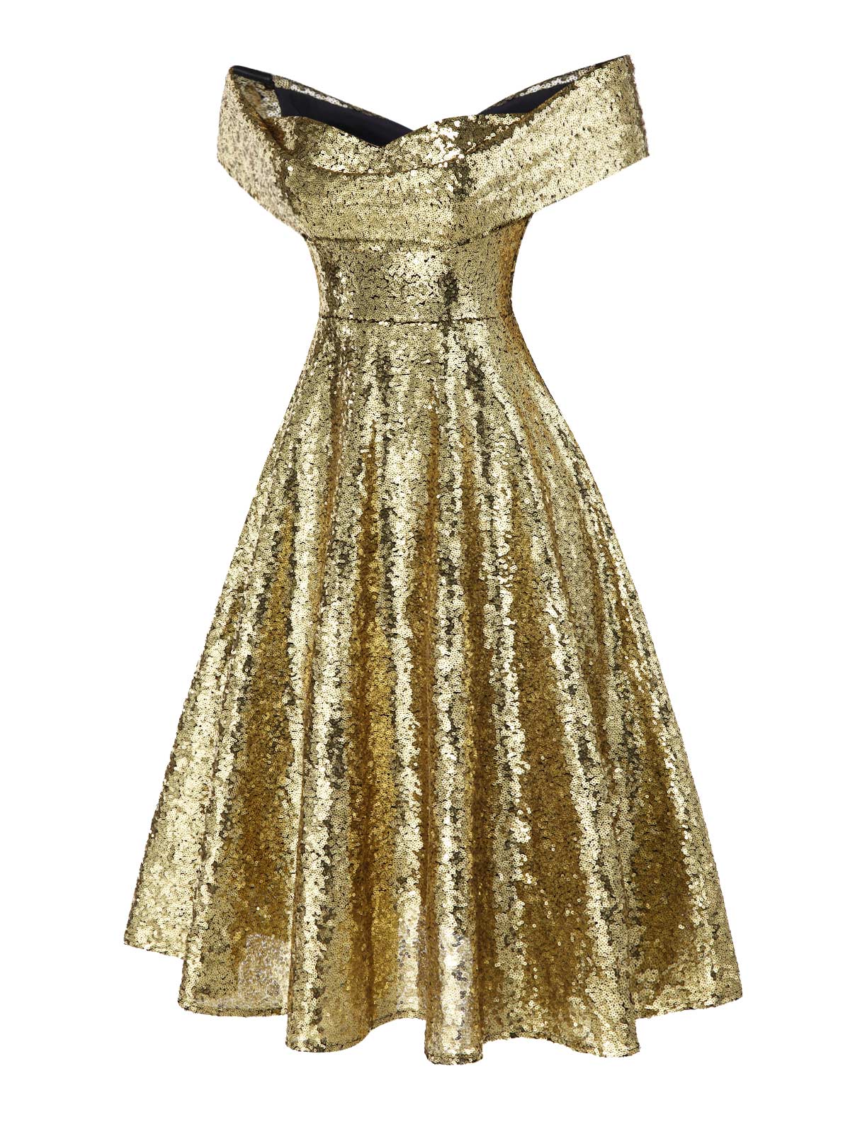 Gold 1950s Off-Shoulder Sequined Swing Dress - Image 5
