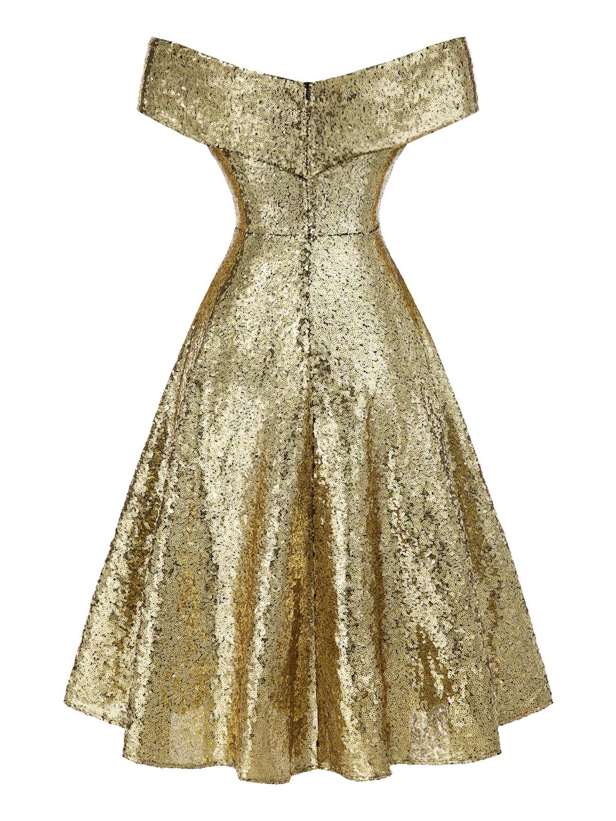 Gold 1950s Off-Shoulder Sequined Swing Dress - Image 6