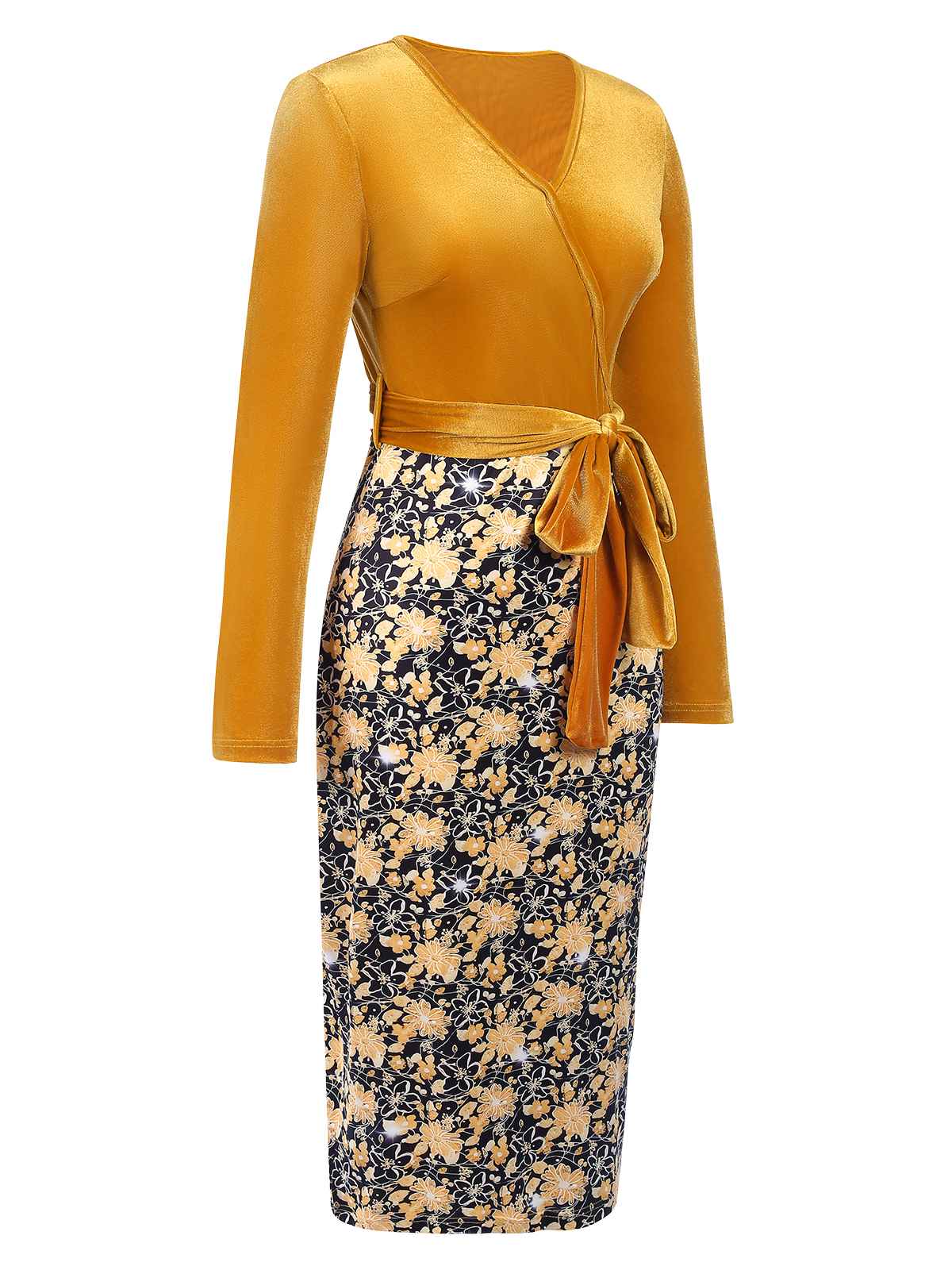 Gold 1960s Floral Patchwork Wrap Belted Dress - Image 3