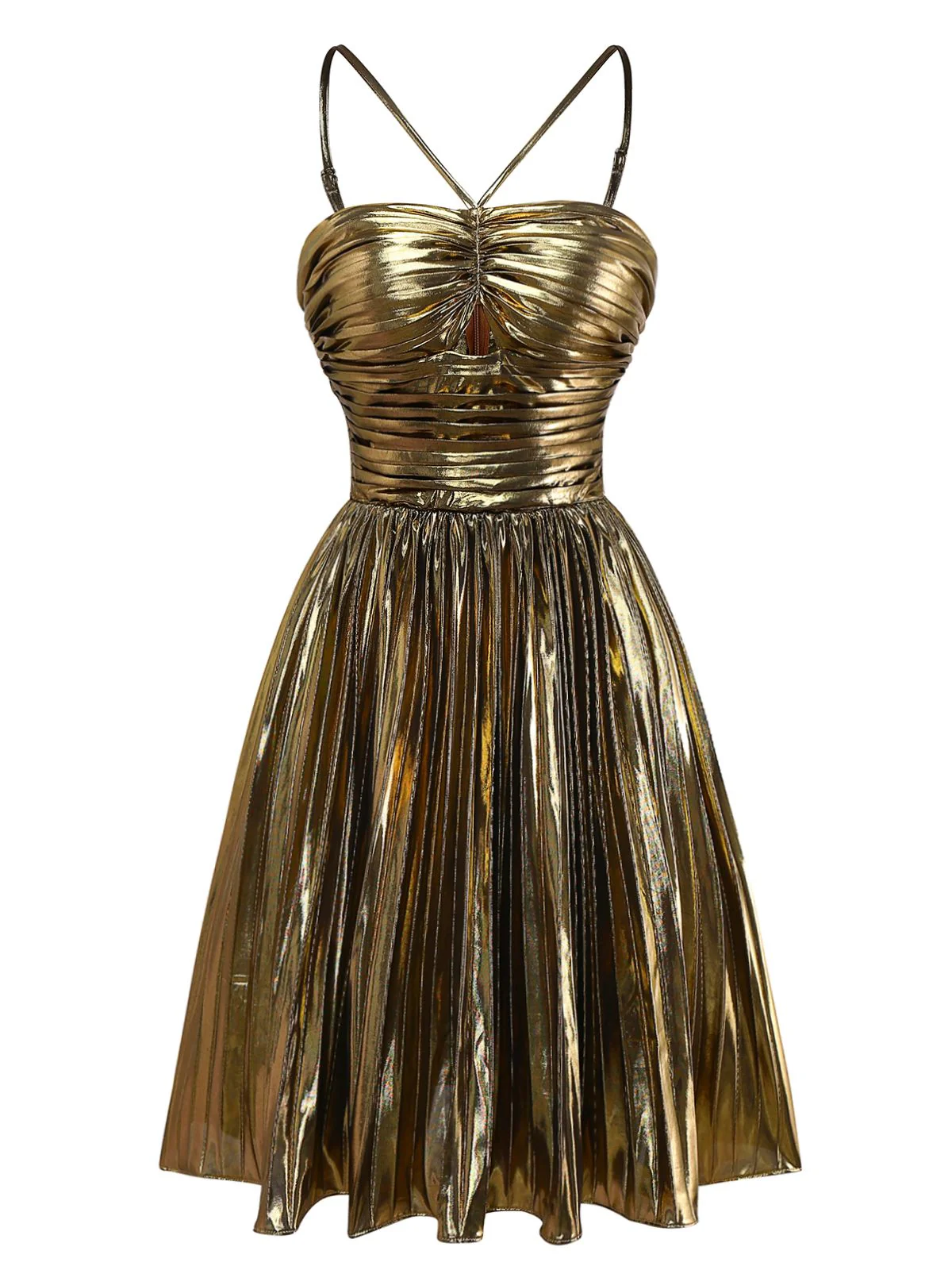Gold 1960s Metallic Pleated Cutout Party Strap Dress - Image 2