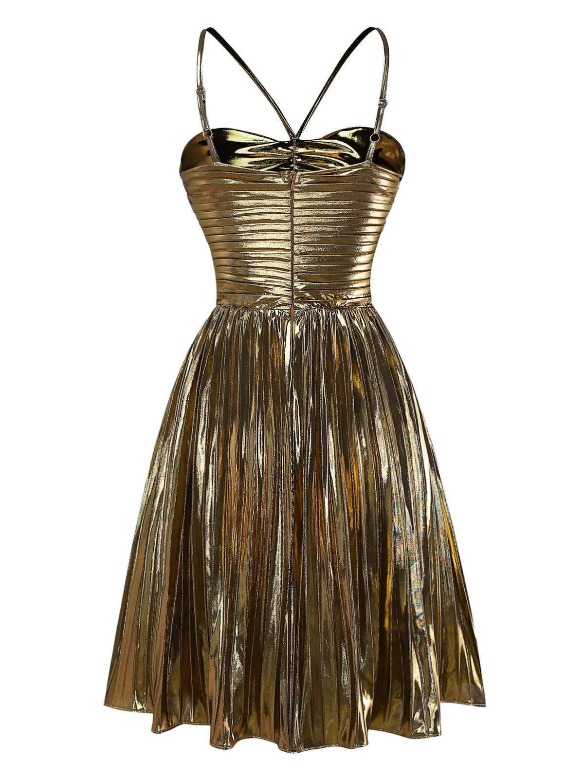 Gold 1960s Metallic Pleated Cutout Party Strap Dress - Image 3