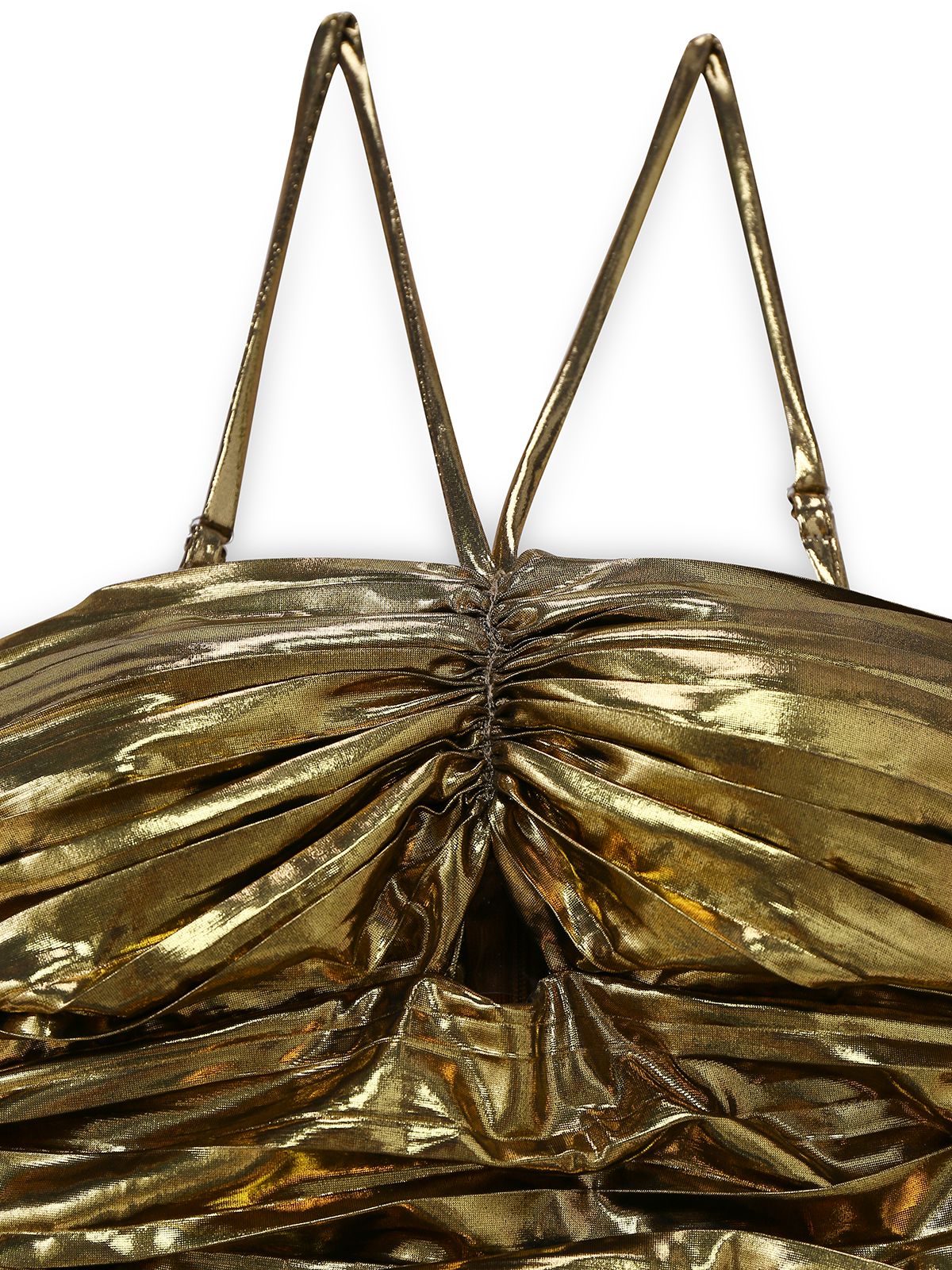 Gold 1960s Metallic Pleated Cutout Party Strap Dress - Image 5