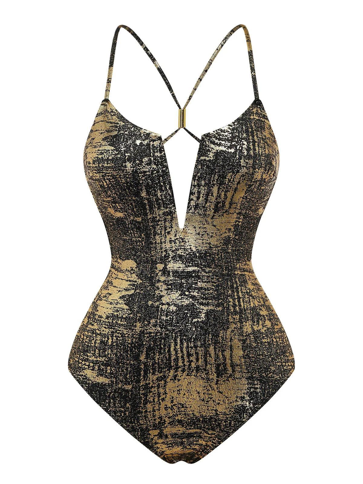 Gold 1970s Distressed Metallic Deep V-Neck One-Piece Swimsuit - Image 2
