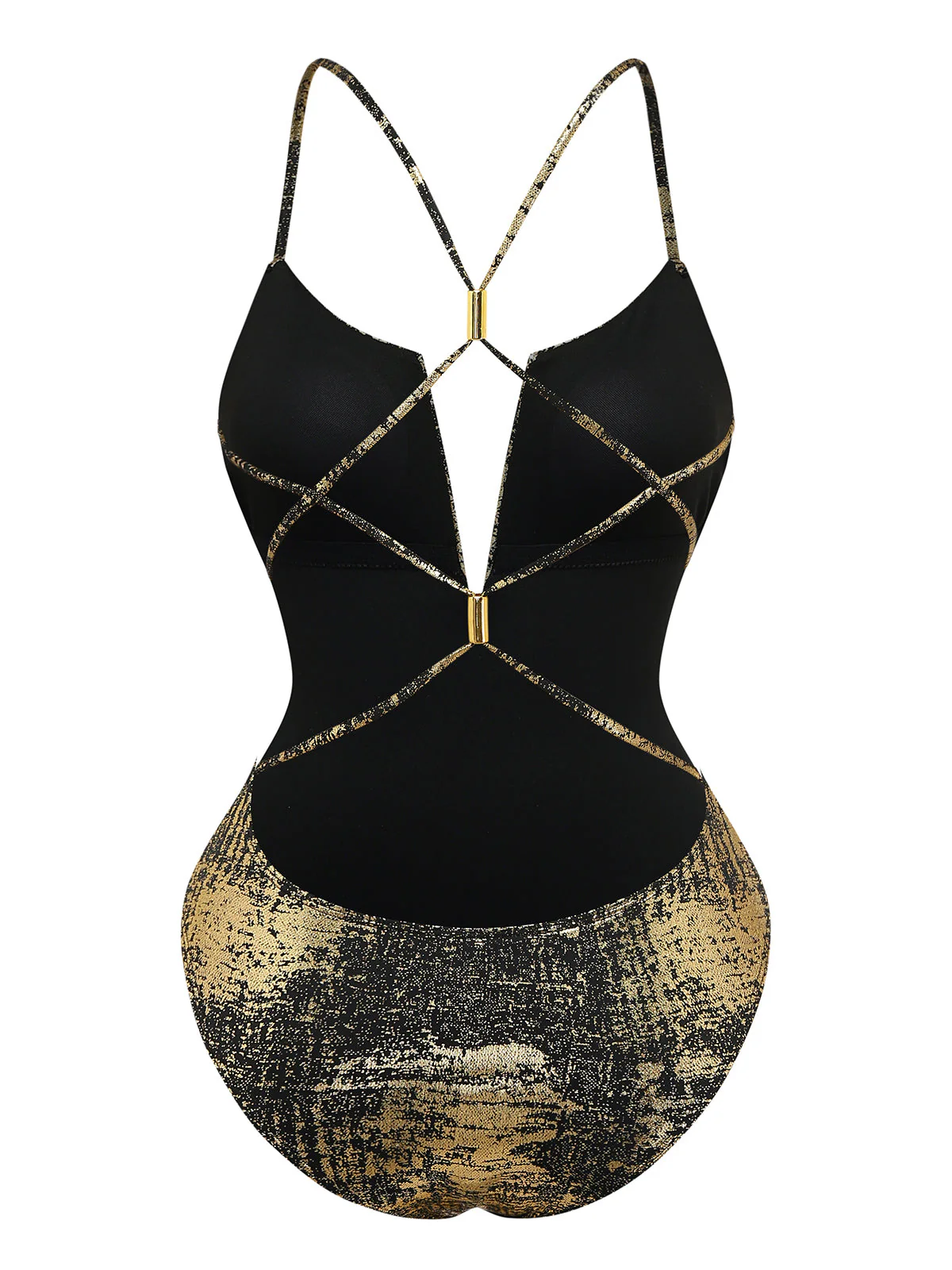 Gold 1970s Distressed Metallic Deep V-Neck One-Piece Swimsuit - Image 3