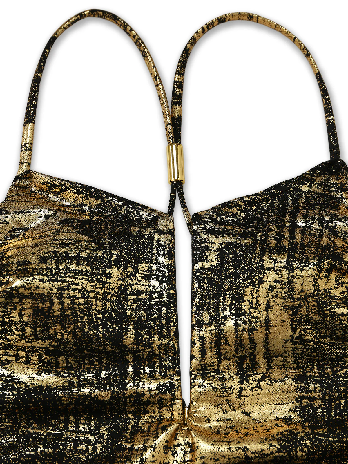Gold 1970s Distressed Metallic Deep V-Neck One-Piece Swimsuit - Image 5