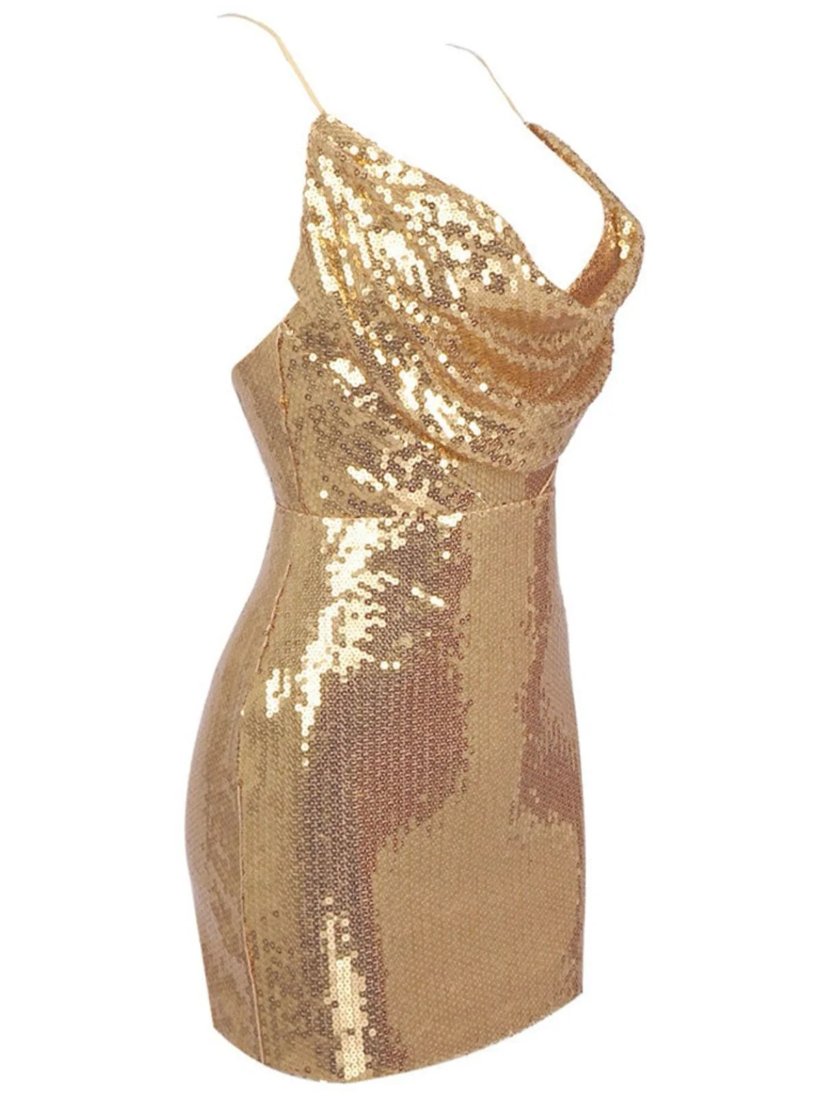 Gold 1970s Solid Sequined Mini Party Dress - Image 3