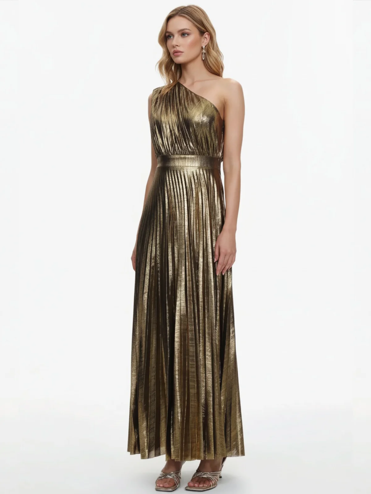 Gold 1980s Metallic One-Shoulder Pleated Party Dress - Image 2