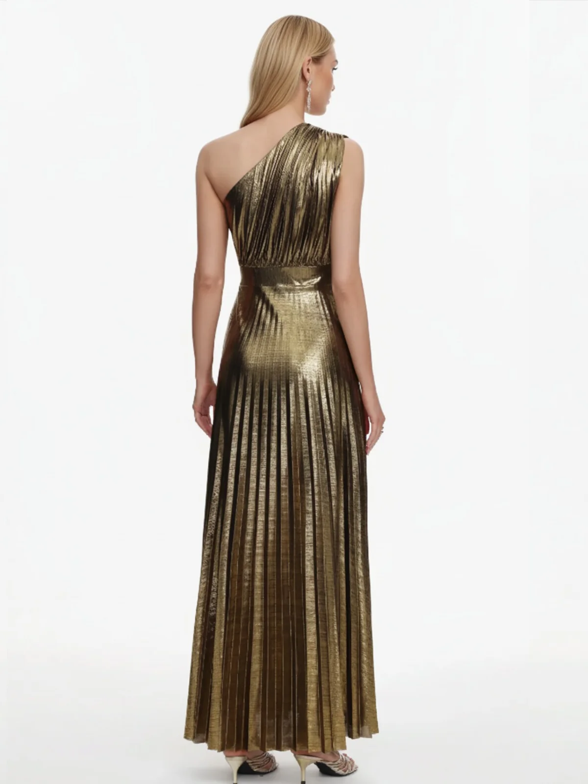 Gold 1980s Metallic One-Shoulder Pleated Party Dress - Image 3