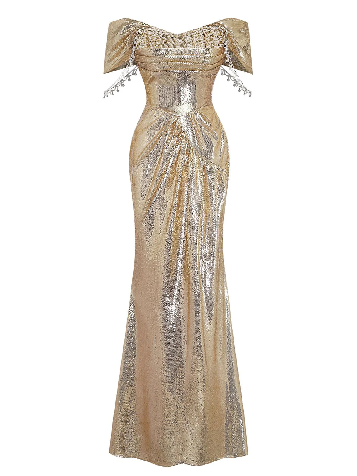 Gold 1980s Off-Shoulder Sequin Party Dress - Image 2