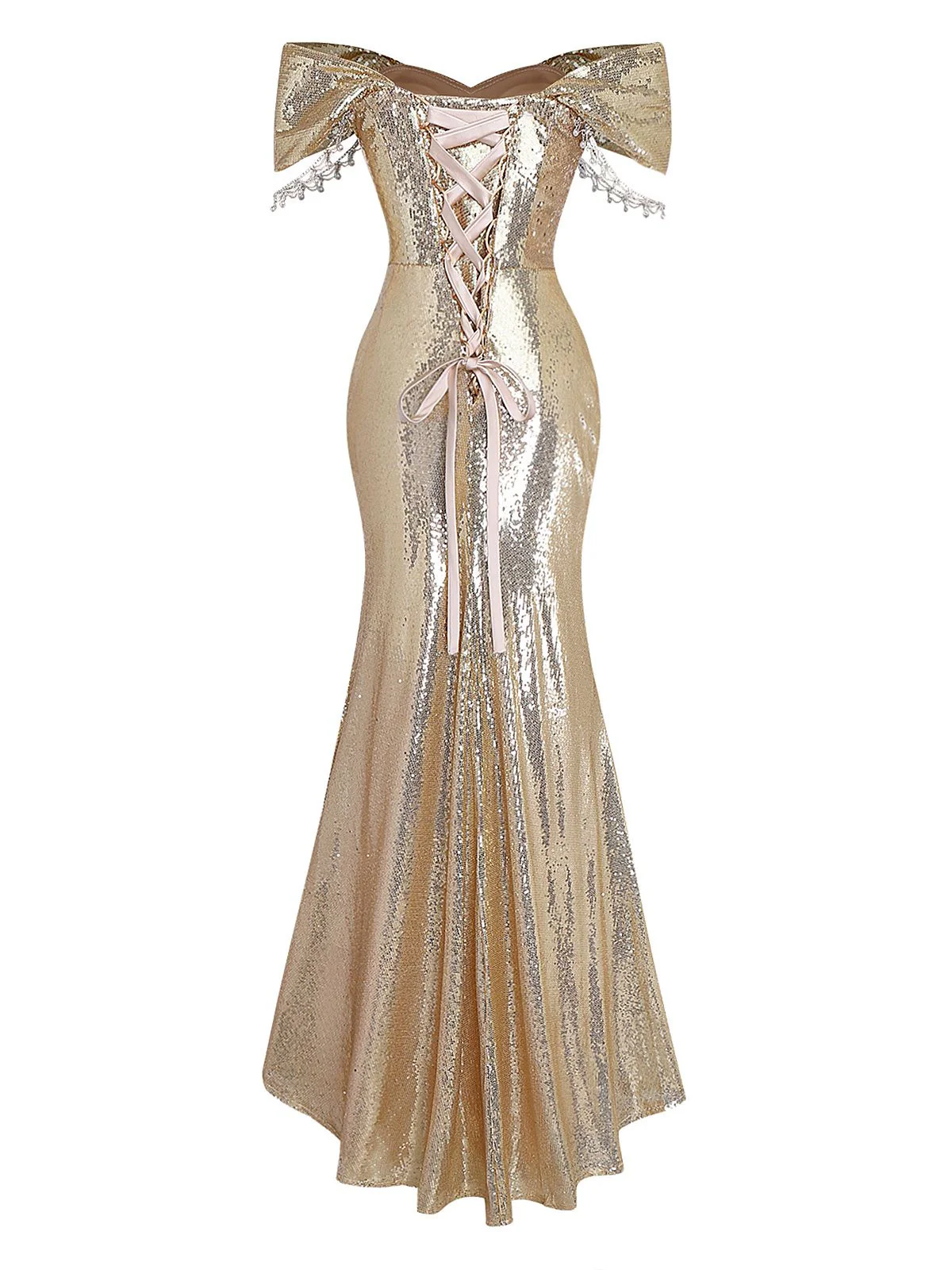 Gold 1980s Off-Shoulder Sequin Party Dress - Image 3